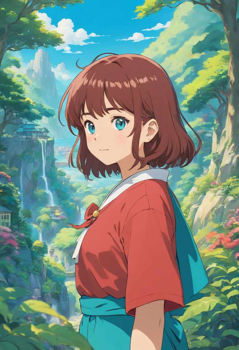uma usando um colar de anime, um colar longo e brincos, no estilo de paisagens de jardim tranquilas, animated color photos, Masami Teraoka, aquamarine, Paulo Gauguin, Estilo Embry, retrato honesto