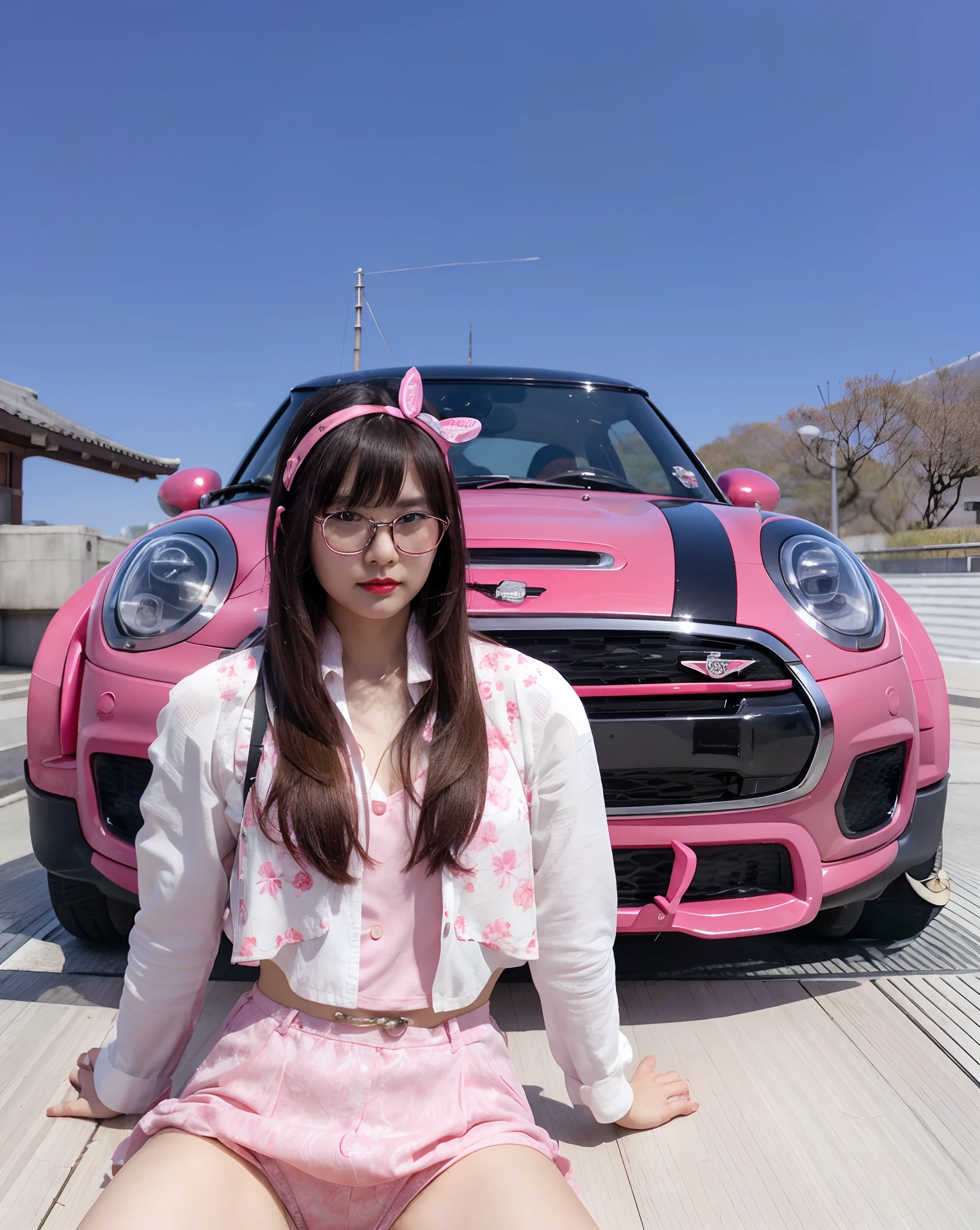 Real cute Japan girl with red lips and glasses pink mini chooper