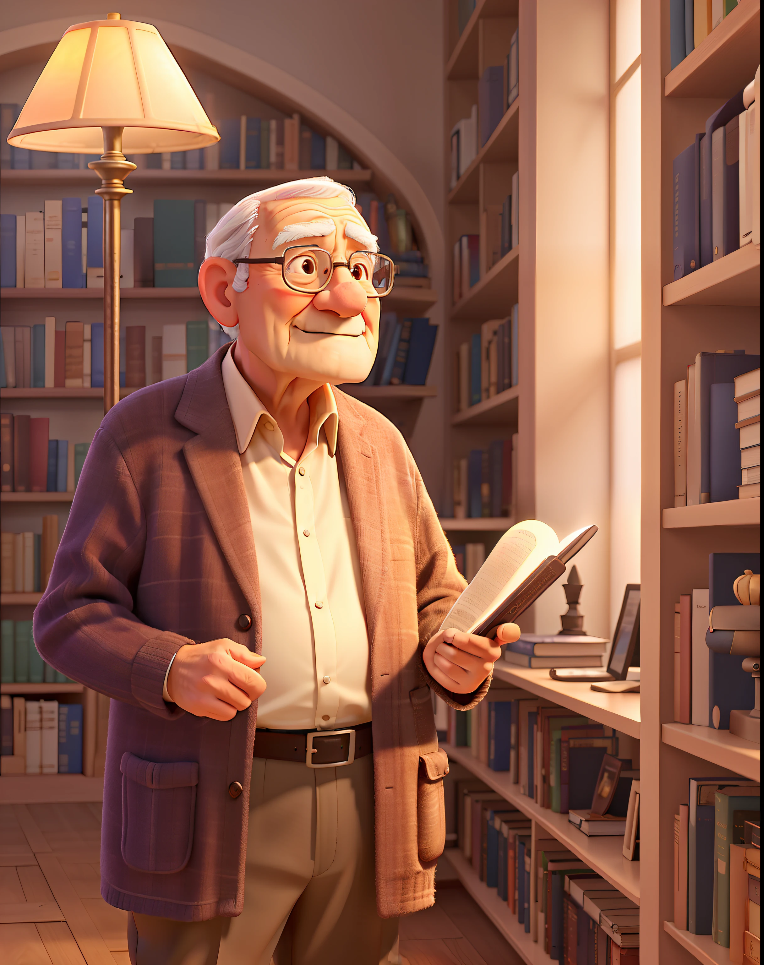 A wise old man standing in front, illuminated by the light of a lamp, against the backdrop of a library