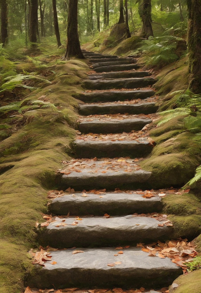 Close-up of stone steps in the forest that have fallen to the ground, Beautiful fece, Steps, 400 steps, stairway to heaven, stairs, Falling Magic Leaves, by Kanō Tan'yū, 🕹️ 😎 🚬, stairs from hell to heaven, amazing composition, Climb to the top、You can see the top、Arrive at the summit、Summit of Mt、reaching、top