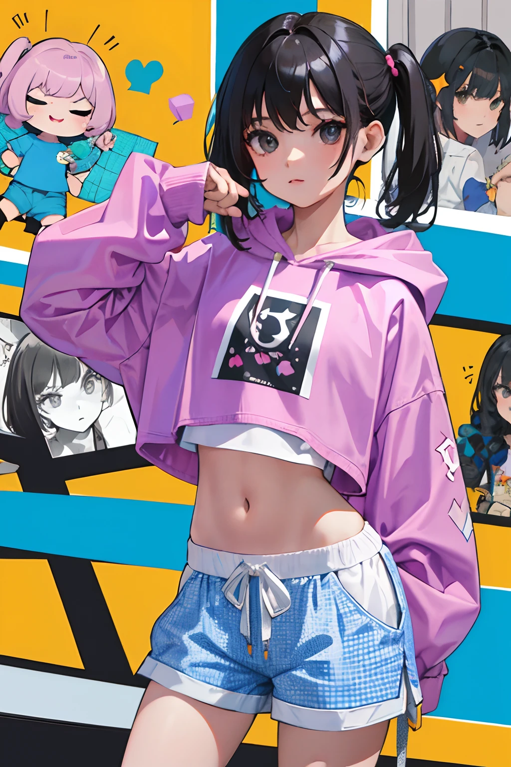 (child)，（​masterpiece，Highest Quality），Crop Top Look，Pastel Hoodie，(Gingham Check Shorts)，A dark-haired，Twin-tailed，World of toys