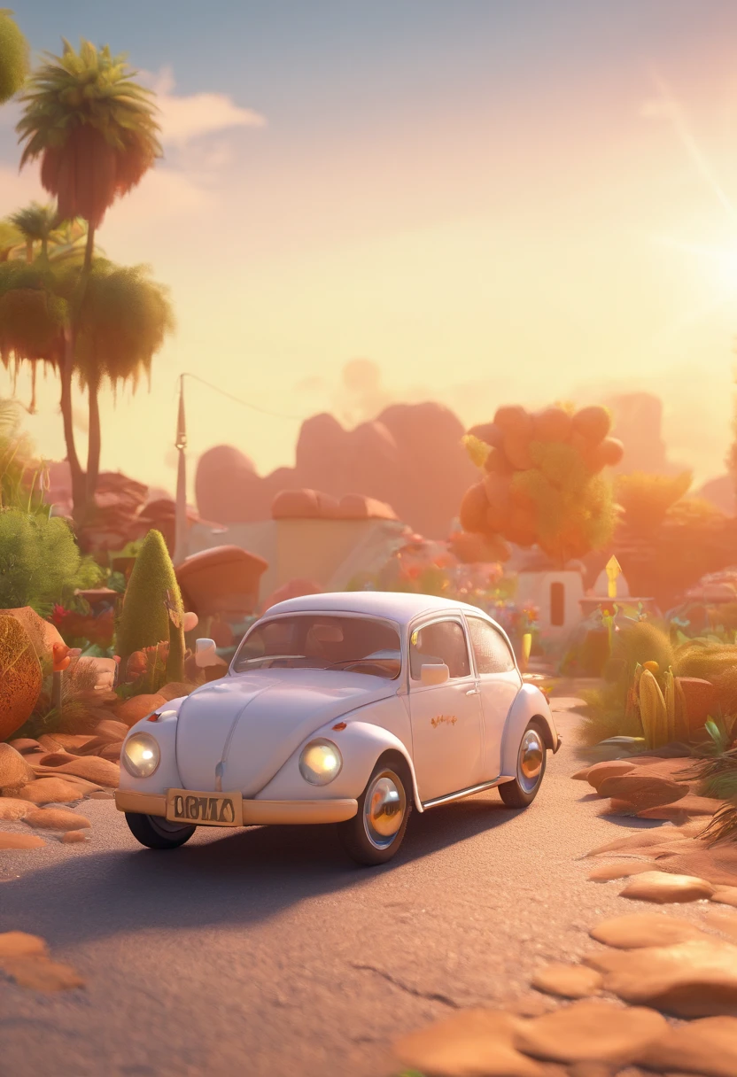 Estilo Pixar, Voyage branco, em uma estrada. Paisagem de sol