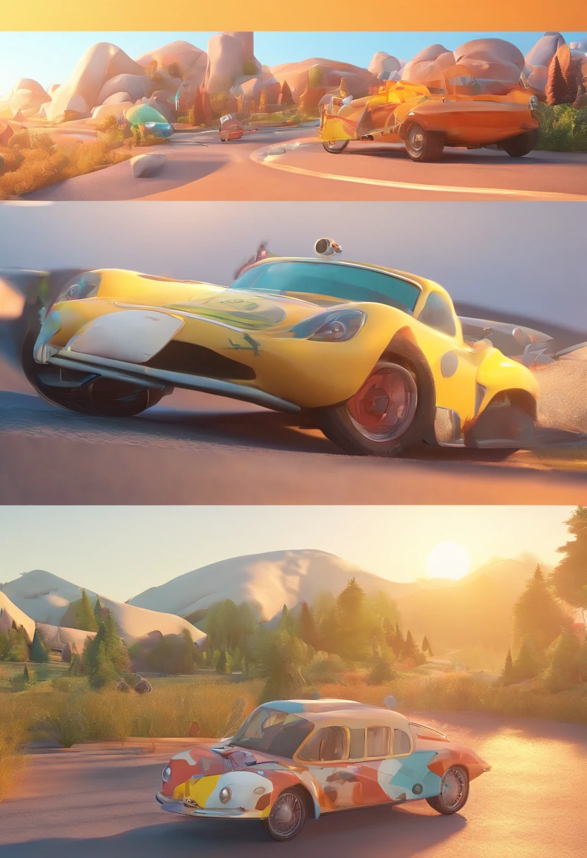 Estilo Pixar, Voyage branco, em uma estrada. Paisagem de sol
