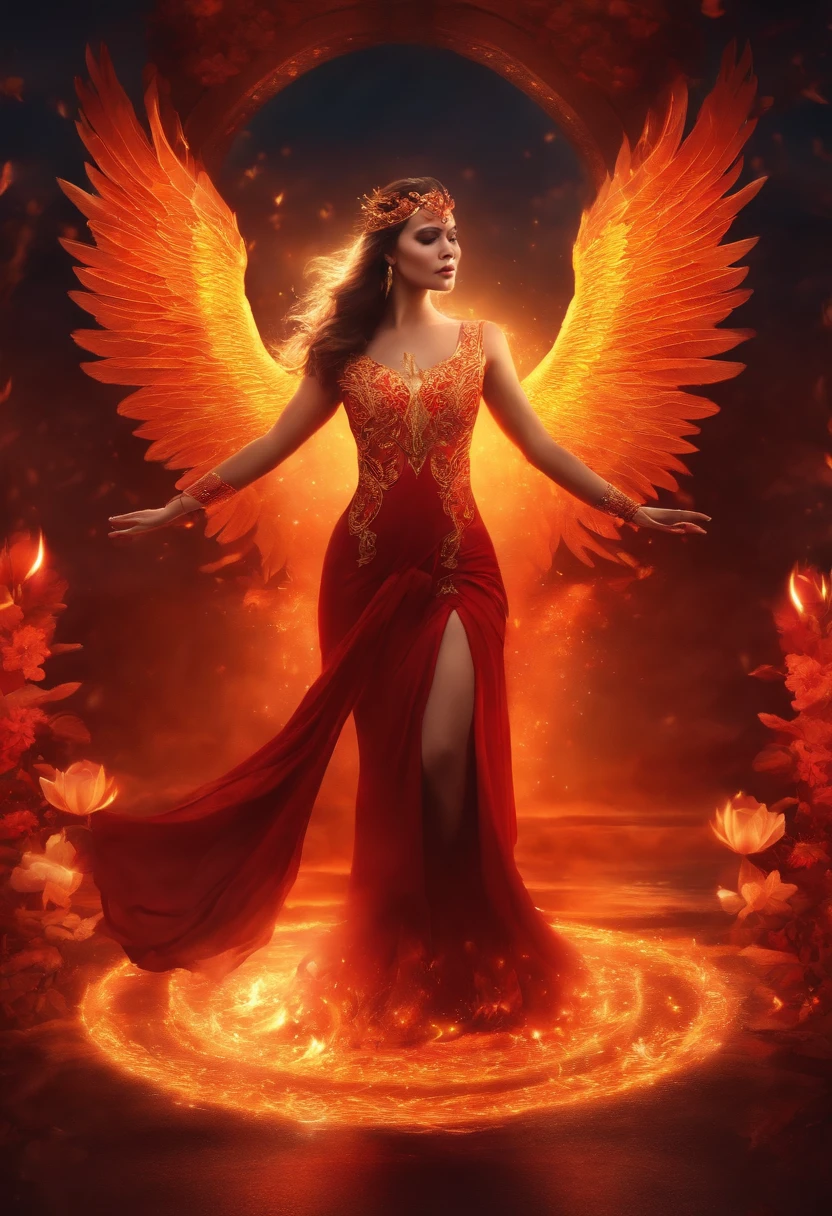 (master part, best quality: 1.2), A girl with phoenix wings standing in a ring of fire, com olhos vermelhos brilhantes, phoenix, lotus flowers, rosa ouro vermelho, Nascer do sol da montanha ao fundo