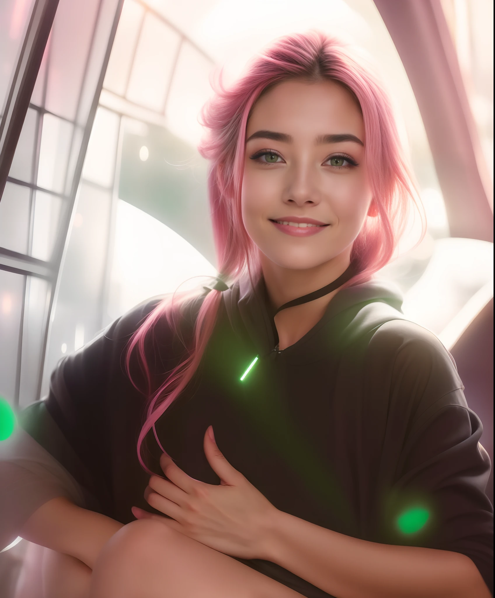 night scene, close up photo of a sexy naked girl, posing, look at a camera and smile, pink ponytail hair, (green eyes:0.8), cute young face, 18 yo, soft volumetric lights, (backlit:1.3), (cinematic:1.3), intricate details, (ArtStation:1.2)