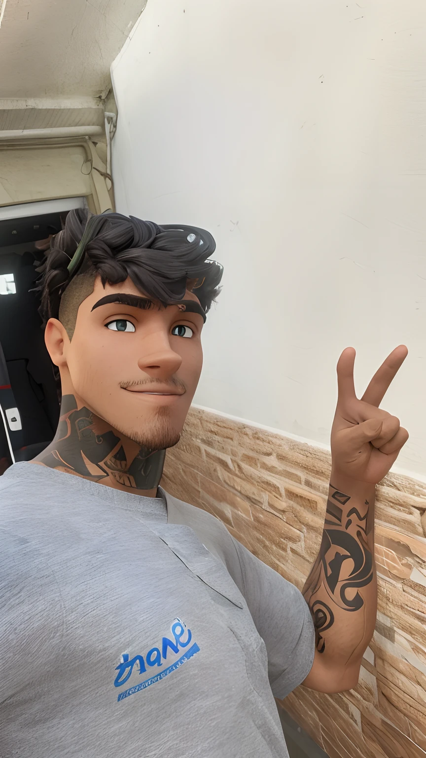 Um jovem de 19 anos, com cabelos castanhos raspados dos lados, olhos verdes, angular jaw, corpo magro forte, bonito e bonito, Olhar maduro, Serious subtle smile on face, wearing a jacket, close up tiro na chuva. Desenhos animados 3d