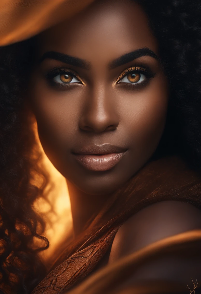 Crie um poster com mulher linda negra, rosto delicado, long curly hair and amber eyes. The light is billed and with pixar cartoon style