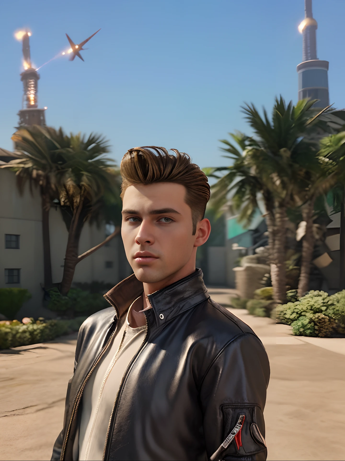 Change background handsome boy, realistic face, 3D animation, wearing a rocket jacket, hair classic quiff, sun on earth, word to the angel