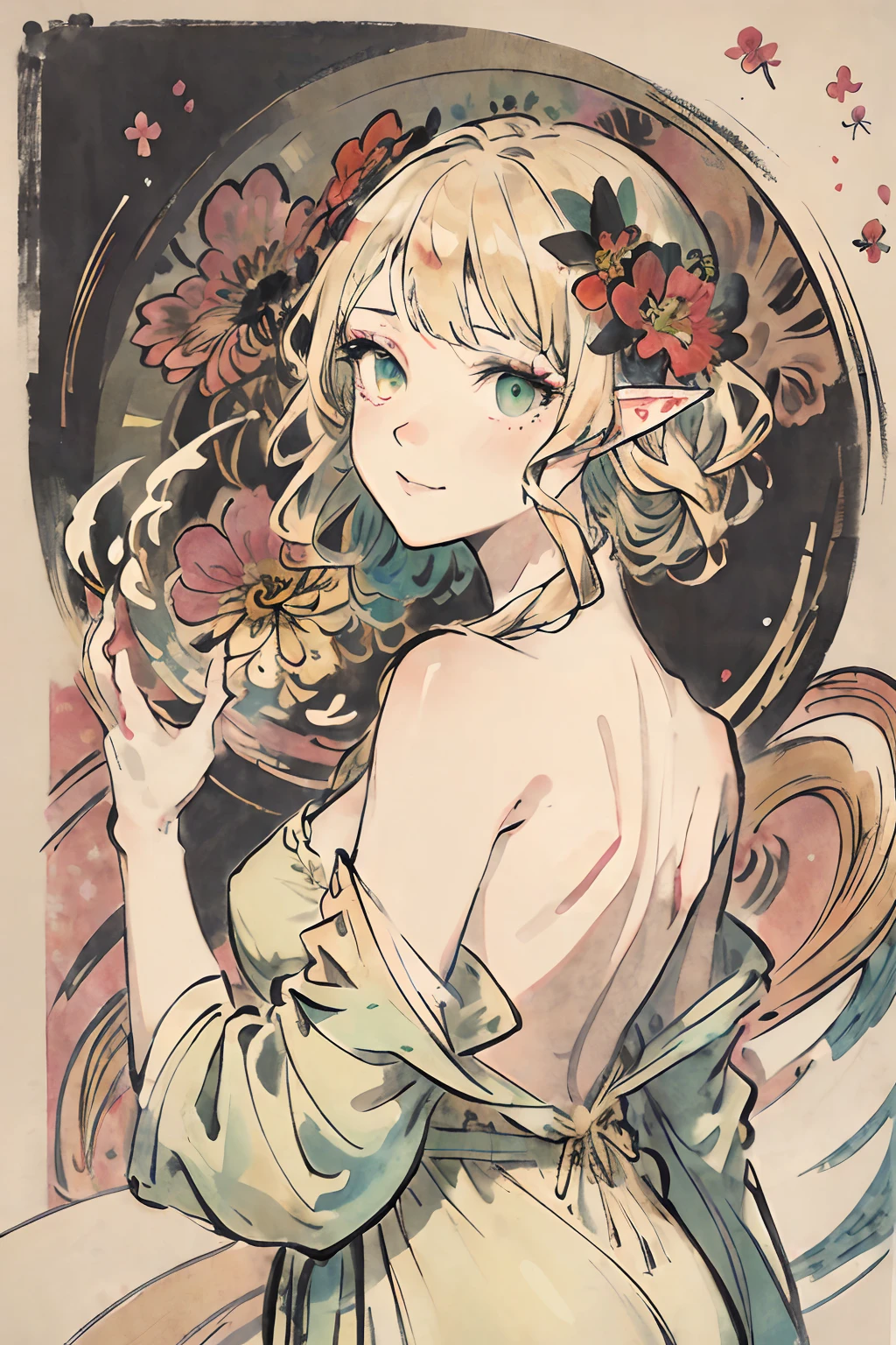 (art nouveau:1.25), Maximalism artstyle,neon theme,suprematism,beautiful detailed flower, beautiful detailed eyes,hyper detailed,flower,hyper quality,,eyes,flower and hair is same color,beautifuly color,face,her hair is becoming flower, flower,hair,flower,butterfly,,1girlkawaii,,high details, high quality,back light,hair and clothes is flower,upper body ,high quality,hair with body ,webbed dress, upper body, flower leg, flower hands,body with flower, flower with clothes , dress with flower, , light particles,black background, Hair with flower,small breast with flower,floating hair with flower,floating1girl,small breast, marbling with hair and clothes, looking at viewer,original,arm down, paper cutting, black background, flower forground, hair with flower,highres, hair with flower,hair with flower ,hair, wavy hair ,diffusion lighting, abstract,Butterfly with body, flower with hair, her hair is flower,big top sleeves, floating,pupils, [[hair over one eye]],dark SFW,masutepiece, Best Quality, High resolution, 1girl in, upper body, Details Girl, detail hands, Detail fingers, Detail Face, detail legs, 1girl in, elf, watercolor paiting, pale skin, Petite, Blonde hair, Long hair, Wavy Hair, Green eyes, tareme, medium breasts, white sundress, Bare back,flower wall panel background,looking at viewer,[[tears]],smile