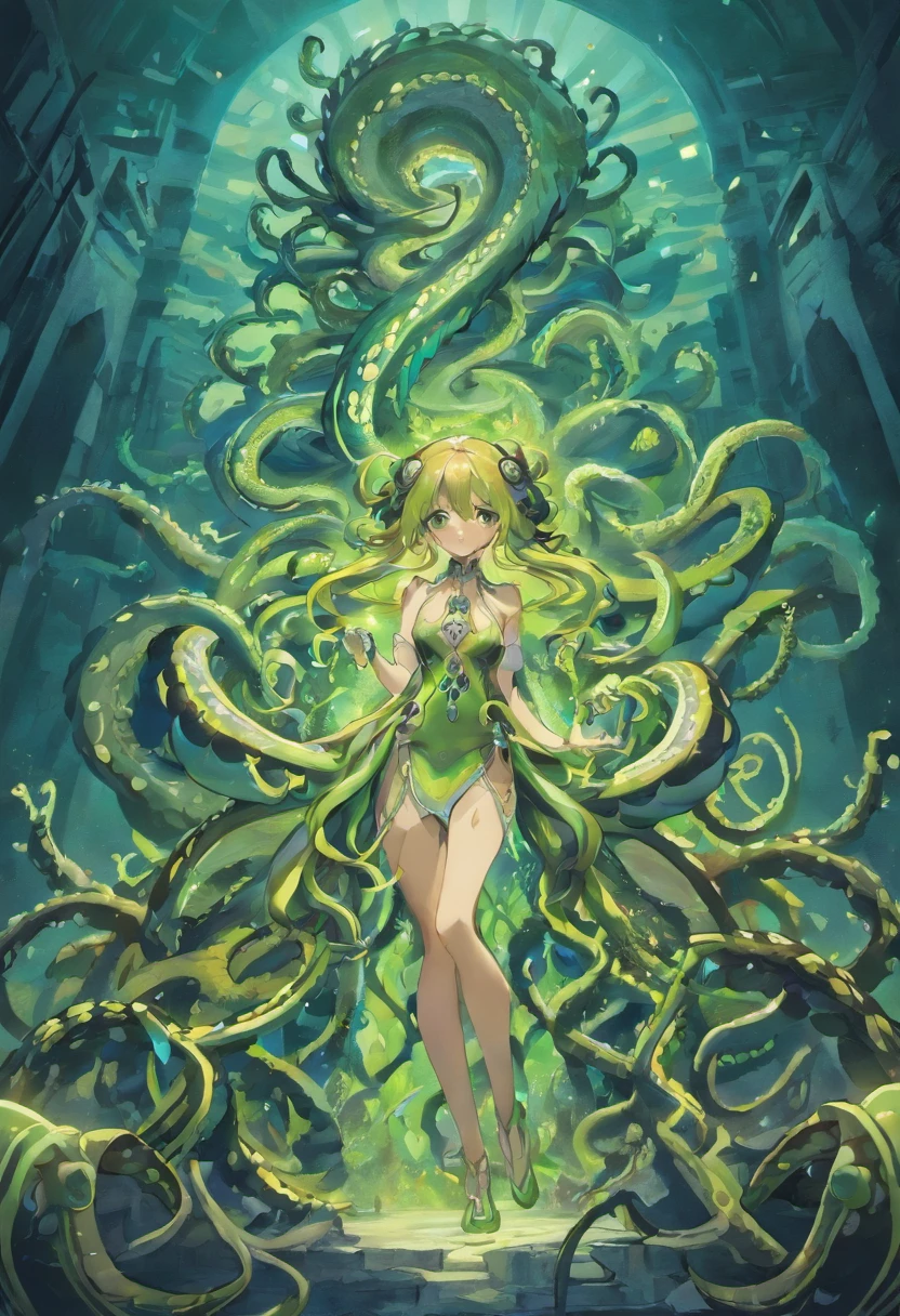 Tentacle demon tree, tentacle tree, plant tentacle, binding, devouring goddess, magic, tentacle trunk inlaid with a beautiful woman, inlaid with a woman kneeling in the tentacle tree fused with the demon tree, covered with tentacles, fine details. Anime. Tentacles, tentacles surrounding, wrapped around colored tentacles, some tentacles touching her, huge greasy tentacles and eyes, many sucked tentacles. Hybrid, biomechanical Oppein, many tentacles, densely packed tentacles, mucus and tentacles, twisted tentacles