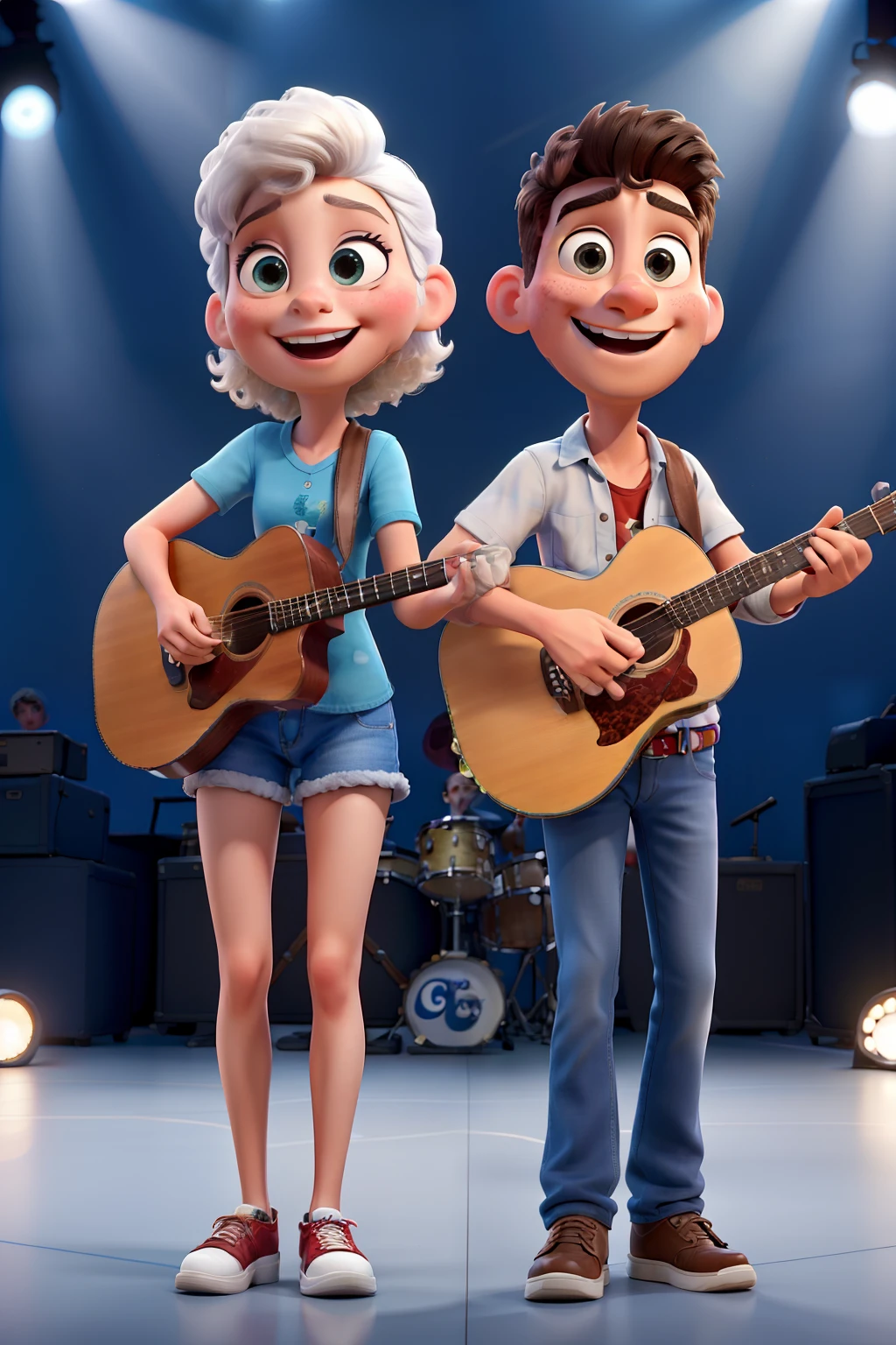 Crie imagens no estilo DISNEY PIXAR de uma dupla de amigos. Isa and John. Isa canta e joao toca guitarra. They're both white, cabelo curto e castanho, e tem tatuagens. Place the images on a concert set, Stage and audience.