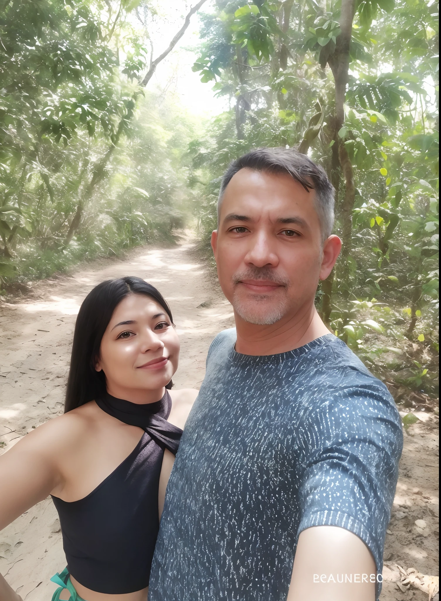 There's a man and a woman taking a selfie in the woods, na floresta da selva, no pico da floresta da selva, na floresta da selva !!!, na selva, em uma floresta tropical, na selva da floresta, em uma selva, em um ambiente de selva, na madeira tropical, Selvas ao fundo, selva no fundo, na selva, em frente a um fundo de floresta