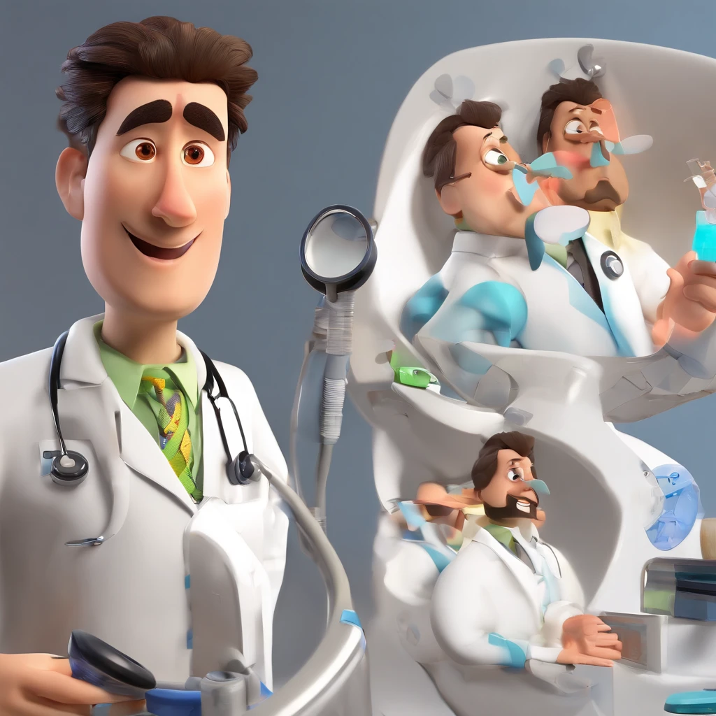 Make a Pixar Style Realistic Poster of 3D Animation. O personagem com barba, olhos castanhos, cabelos loiros penteados para o lado esquerdo, magro, wearing a white doctor's coat, watch on left wrist, Has an Arabian face, 8k, coloque um hospital de fundo, Put on a stethoscope