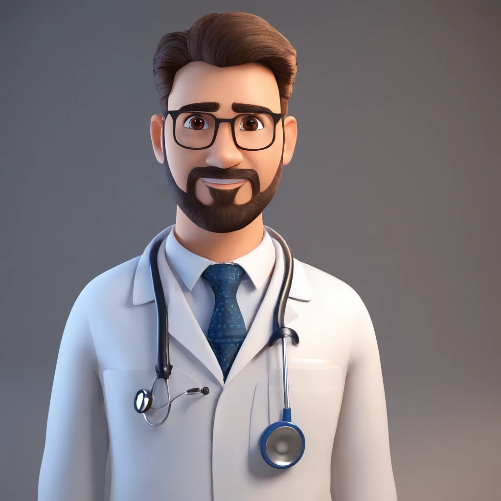 Make a Pixar Style Realistic Poster of 3D Animation. O personagem com barba, olhos castanhos, cabelos loiros penteados para o lado esquerdo, magro, wearing a white doctor's coat, watch on left wrist, Has an Arabian face, 8k, coloque um hospital de fundo, Put on a stethoscope