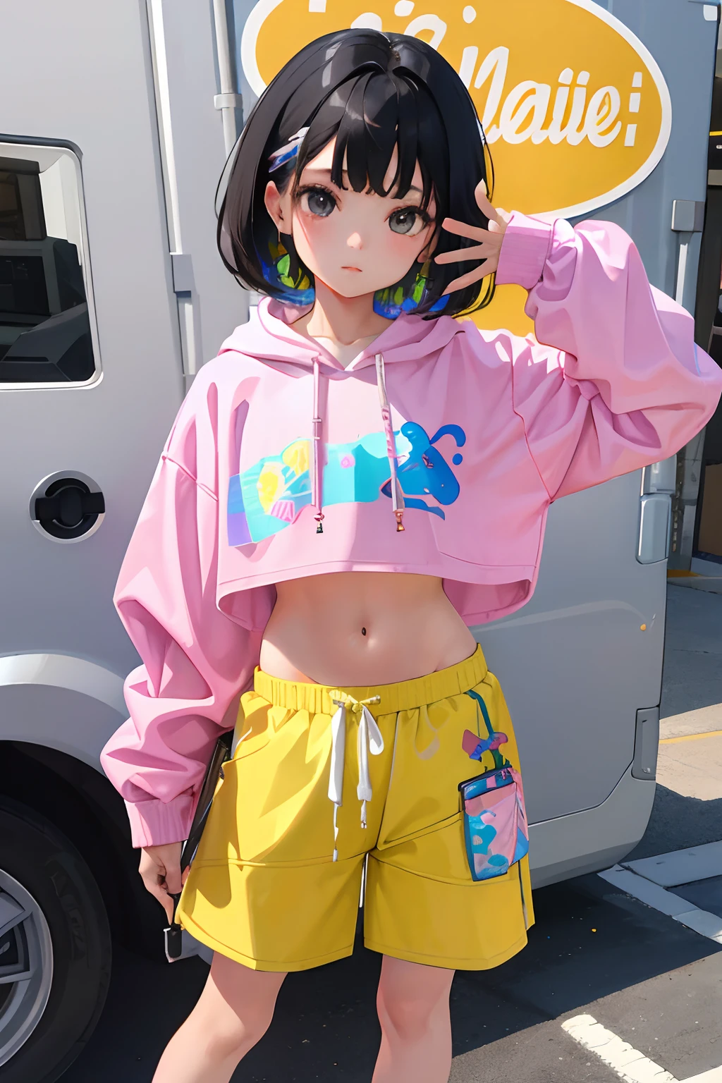 (),(masterpiece,Highest Quality),Crop Top Look,Pastel Hoodie,(Gingham Check Shorts),A dark-haired,Twin-tailed,World of toys