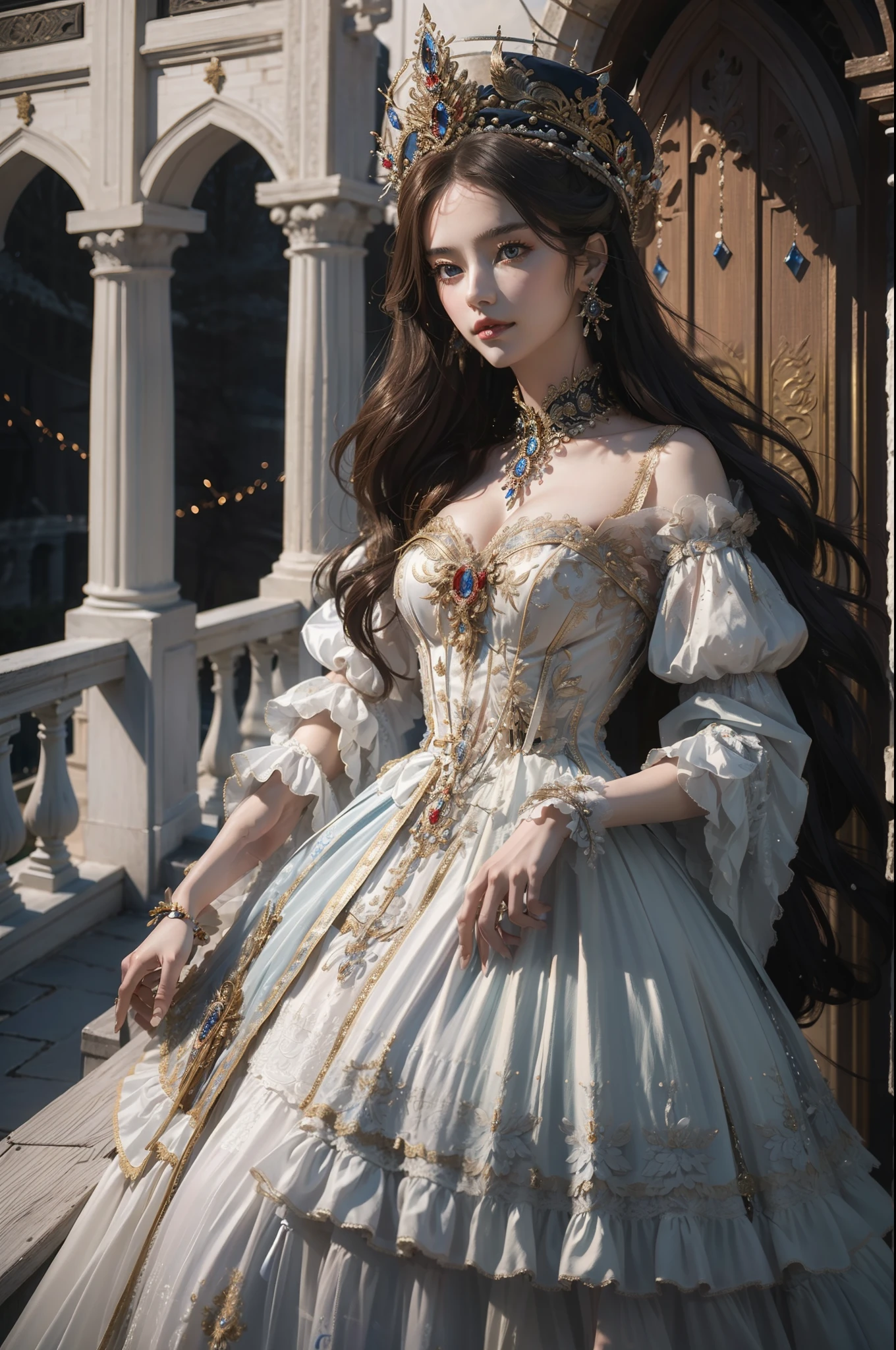 ((top-quality、​masterpiece、photographrealistic:1.4、8K))、1 beautiful detailed girl、extremely detailed eye and face、beatiful detailed eyes、（Complex luxury red dress in medieval European style、Luxurious brimmed hat in medieval European style）、Luxury accessories、Elegant smile、natta（Depict a scene of a princess standing on the balcony of a castle。Hair swaying in the wind and a dress complement her noble vibe。）、Cinematic lighting、Textured skin、Super Detail、high detailing、High quality、hight resolution、（looking at the viewers）、Petals flutter