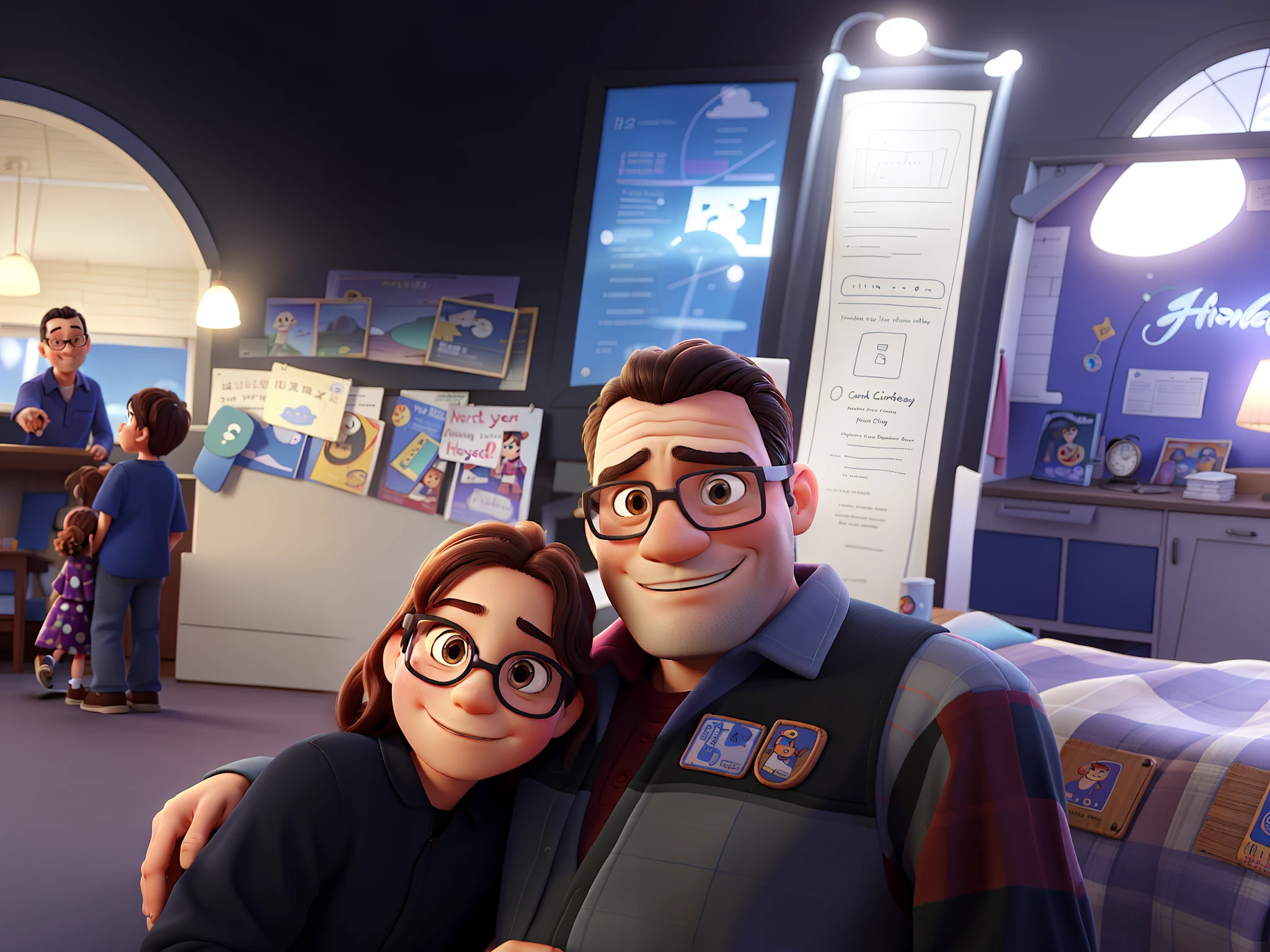 42-year-old man and 6-year-old daughter with glasses, Disney Pixar poster style in high resolution