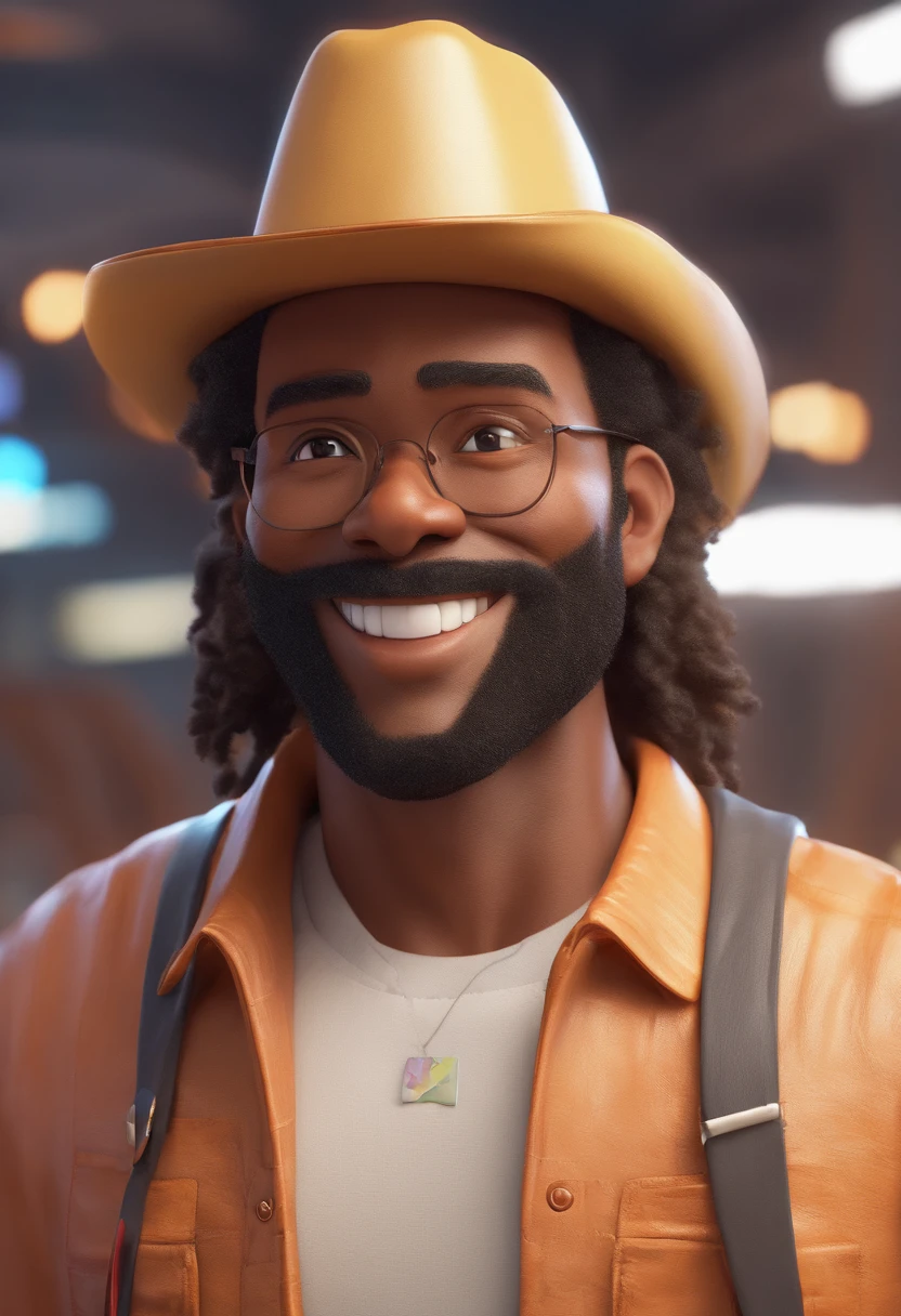 Homem de pele marrom, squint-eyed, cabelo dreads, sorriso muito grande, Macho sorridente, foto de perfil headshot, rindo sorriso enorme, desenhando no estilo de Arte 3D, c4d, fundo de cor branco puro, estilo disney, estilo pixar render ilustracao Super Detalhe, 8k