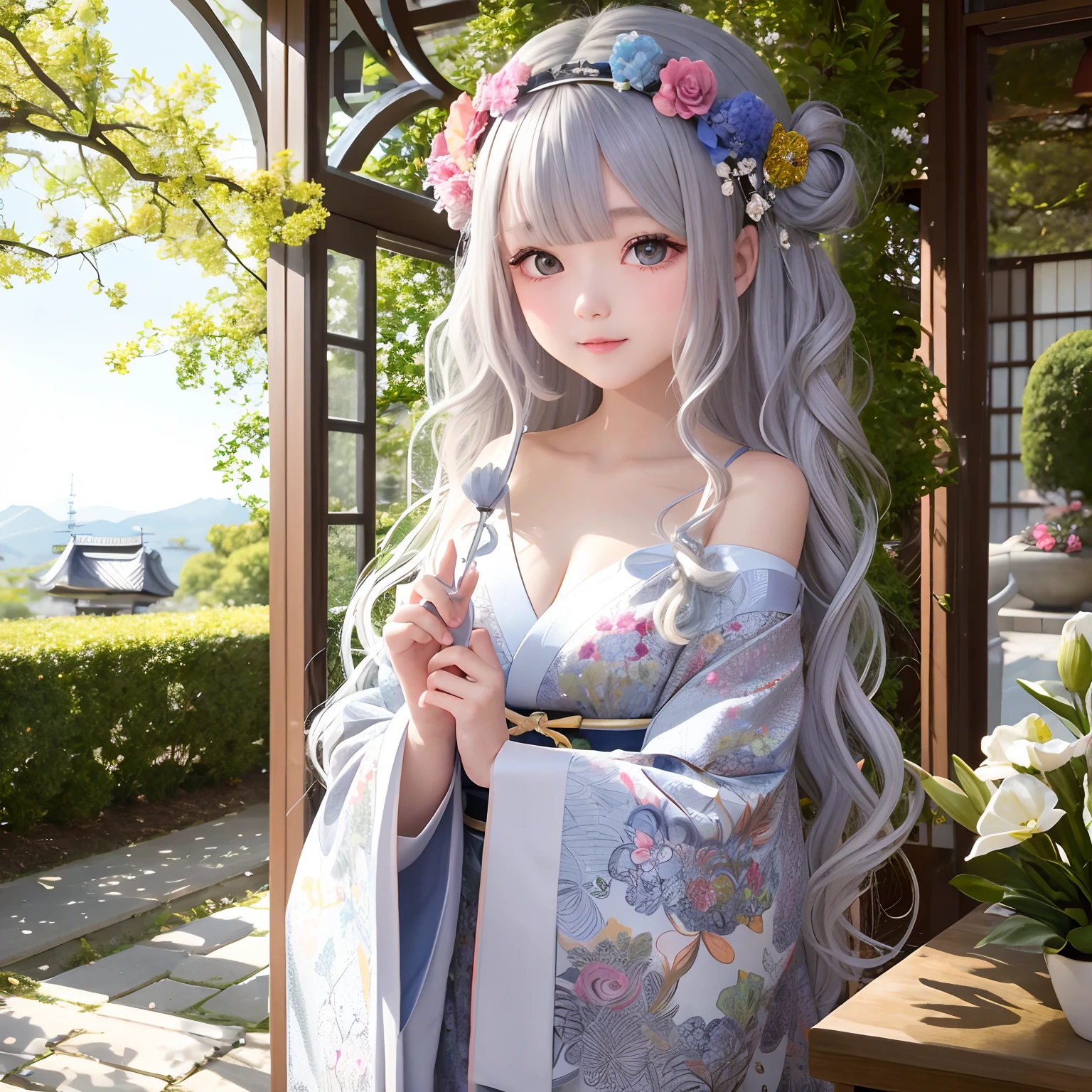 1 girl with a whole body、Silvery hair、Curly hair、floral headband、Courtyard of the mansion、Gorgeous kimono、off shoulders、Holding a parasol、Japan anime-style odd-eye,