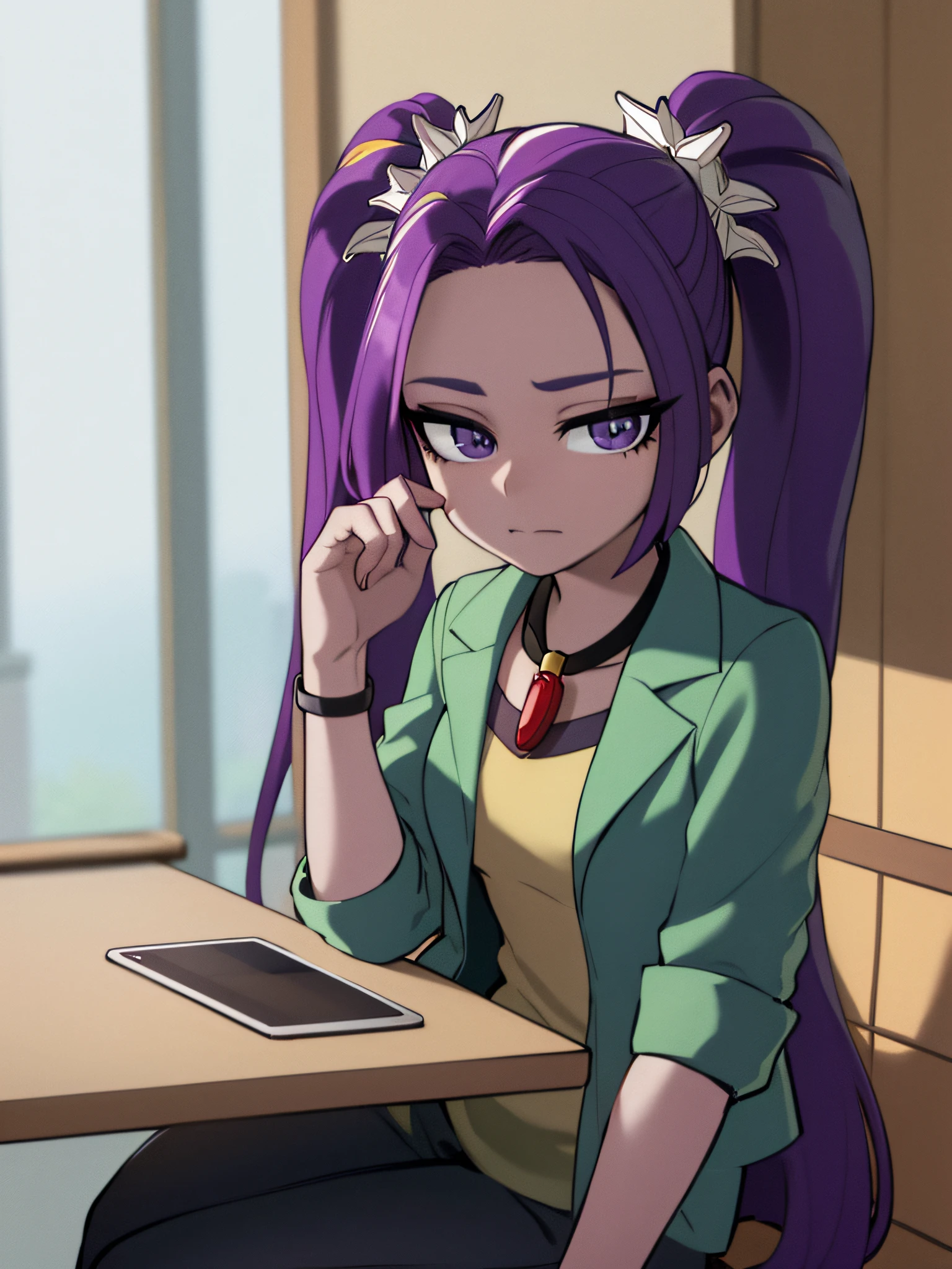 mlparia, twintails, hair ornament, green jacket, purple pants, belt, jewelry, necklace, purple hair, sitting chair, crossed legs, looking at viewer, profile, cafeteria, bold outline, clear outlines, (masterpiece, best quality, detailed beautiful eyes and detailed face, ultra-detailed, 8k wallpaper, elaborate features, raw photo, highres, realistic, photo-realistic:1.4, physically-based rendering)