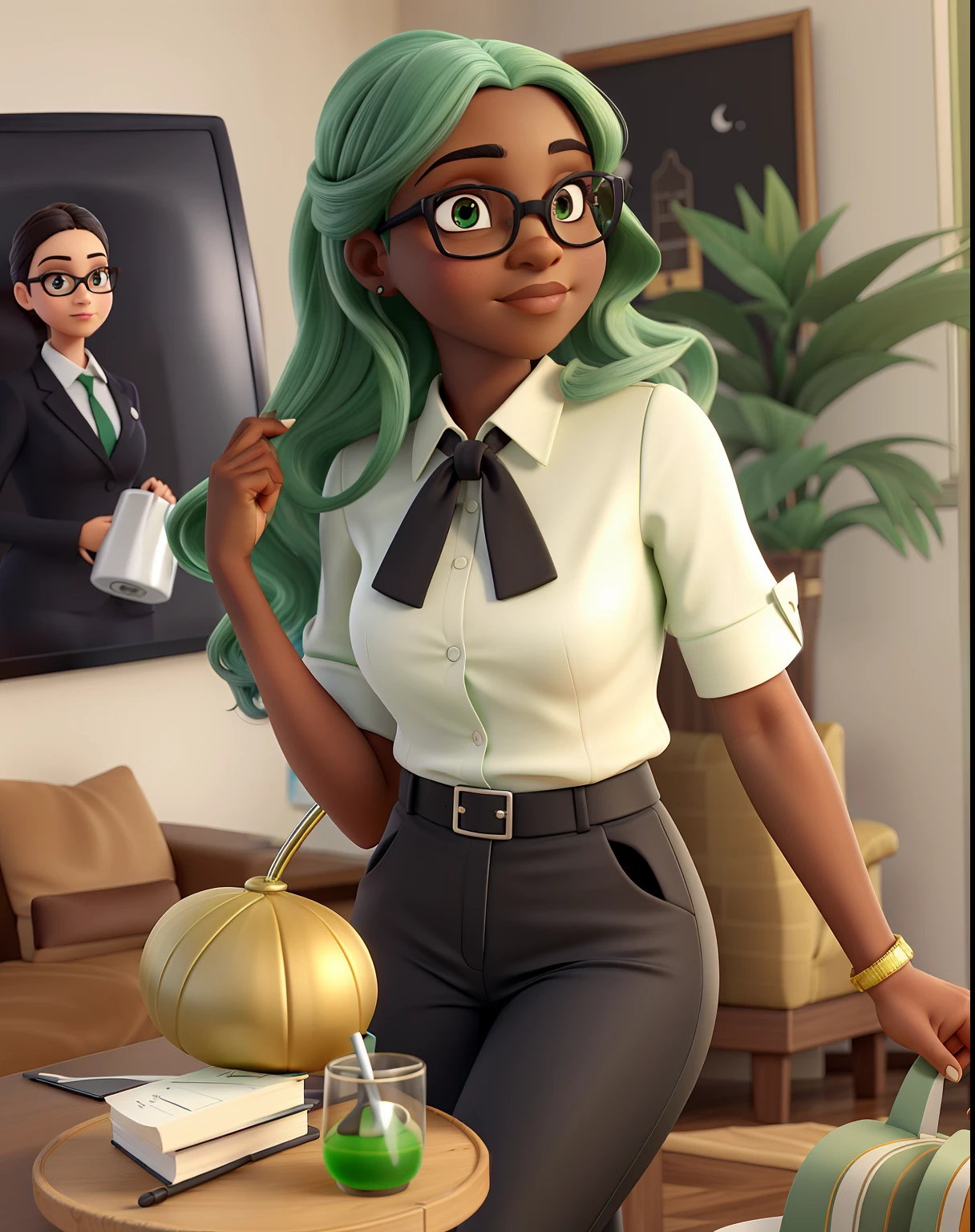 Uma mulher advogada, jovem, Serious, Chic and wise, com cabelo longo e liso escuro, olhos na cor preta, olhos esbugalhados e boca grande, with black dress pants, blusa preta e brazer verde bandeira, of prescription glasses with brown frame with ounce, salto alto preto, In a fancy law firm.