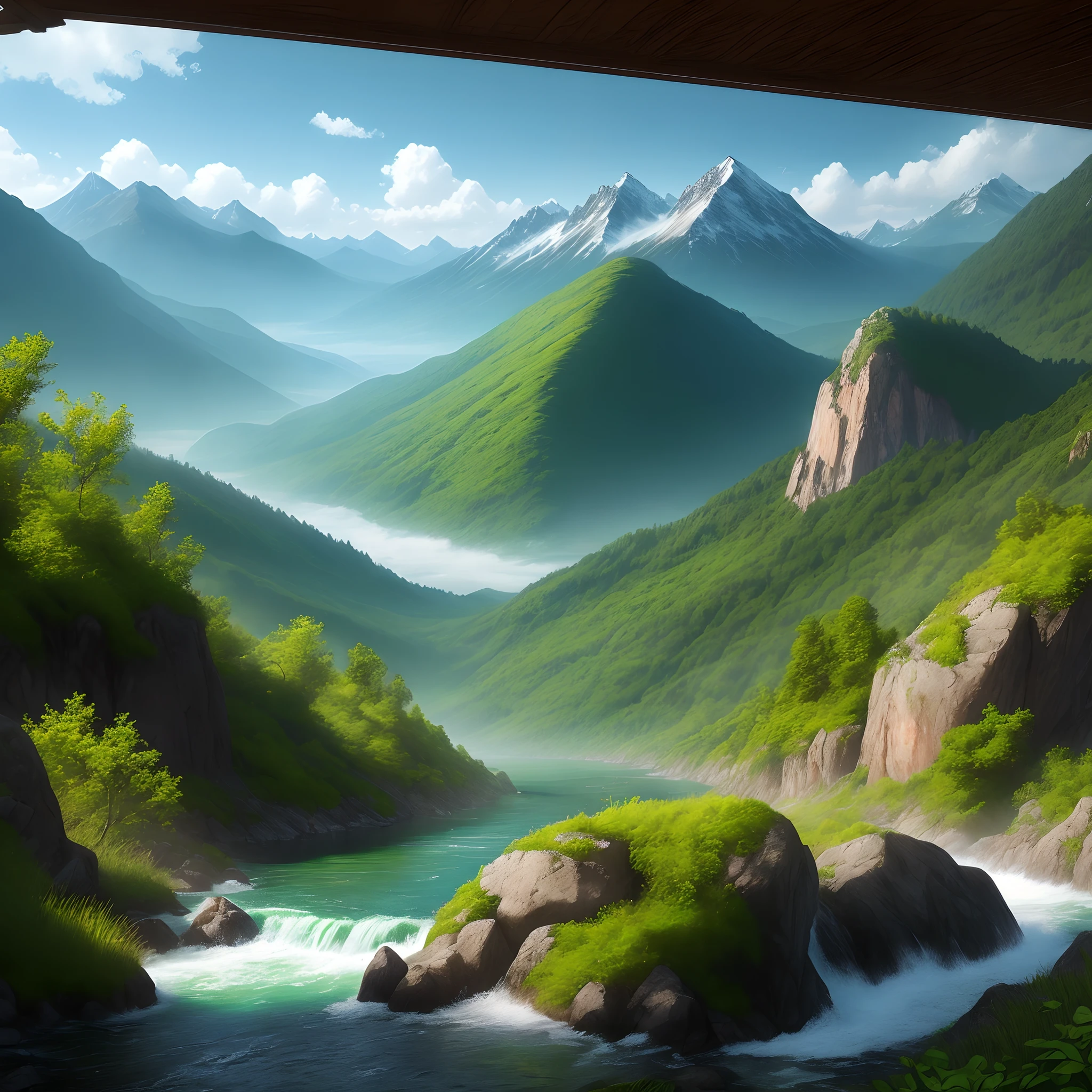 Mountains and water covered with greenery