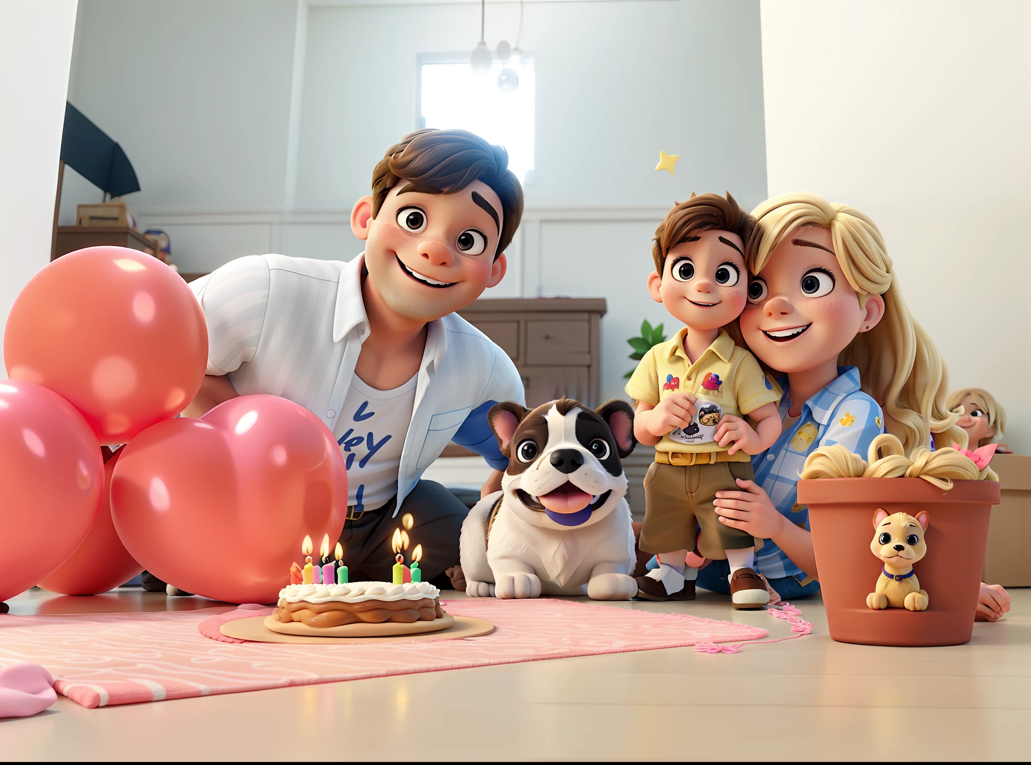 A happy family, on the birthday of the French Bulldog puppy, pai de cabelo castanho, filho de cabelo castanho, blonde mom , em formato de Disney Pixar