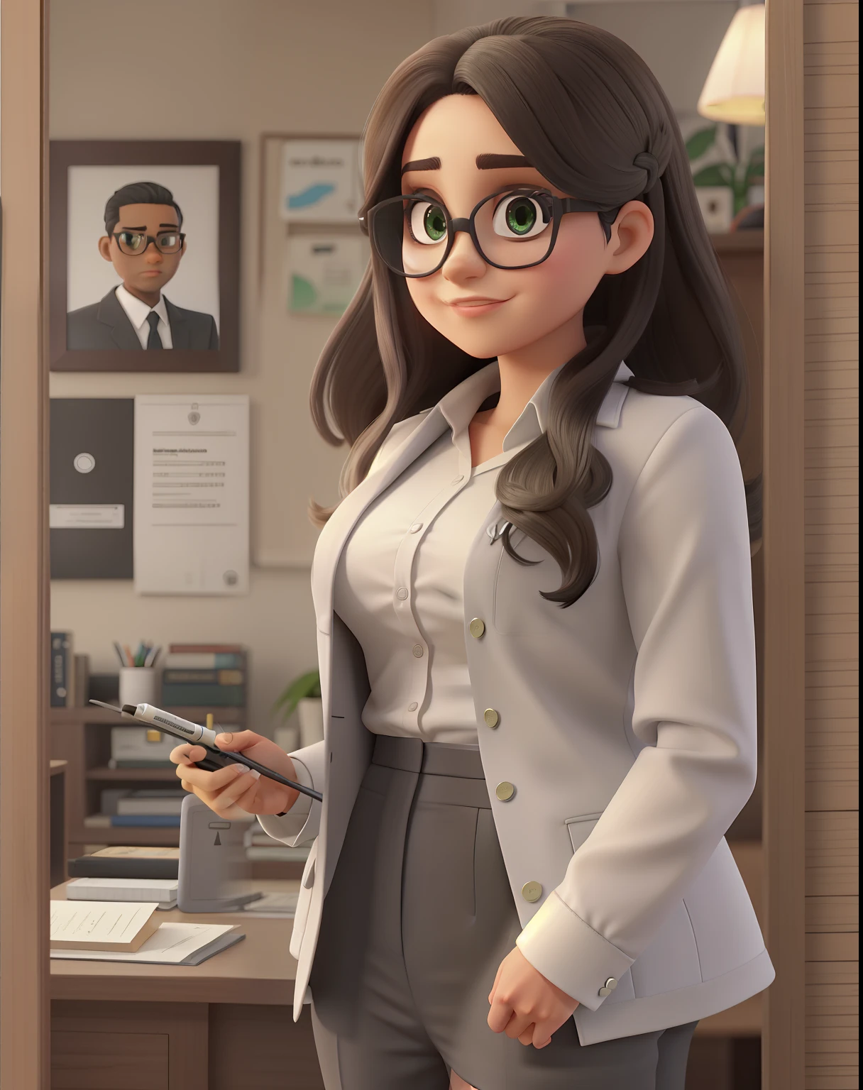 Uma mulher advogada, jovem, Serious, Chic and wise, com cabelo longo e liso escuro, olhos na cor preta, olhos esbugalhados e boca grande, with black dress pants, blusa preta e brazer verde bandeira, of prescription glasses with brown frame with ounce, salto alto preto, In a fancy law firm.
