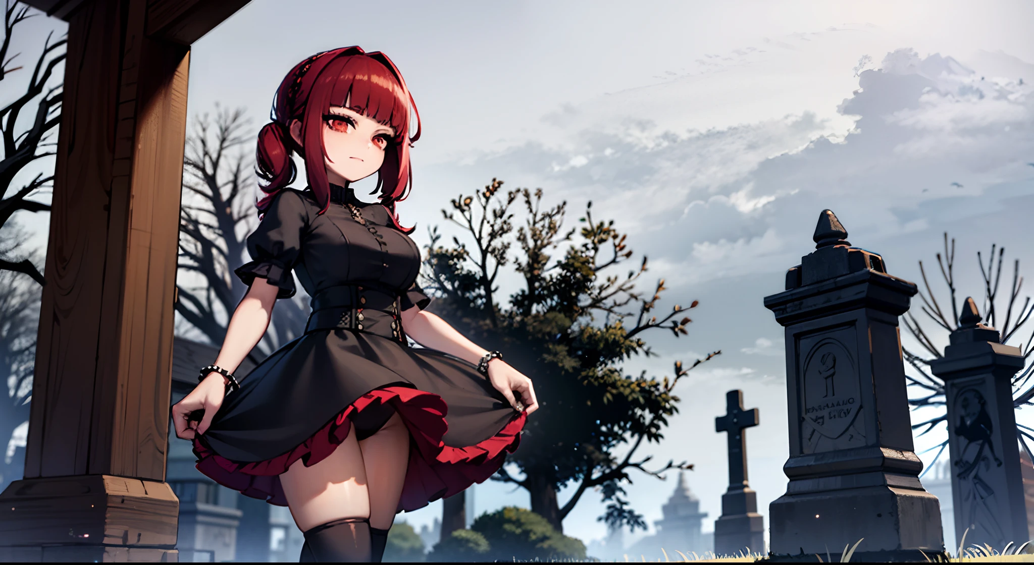 young  woman, red hair, olhos amarelos, vestido preto, Caudas duplas, Botas pretas, ghotic ****ta, lo gothic, flores brancas em scenerie, 4k, in a graveyard, 4k, tempo nublado, grey sky, Olhando para o Viewer, Mannequins behind,