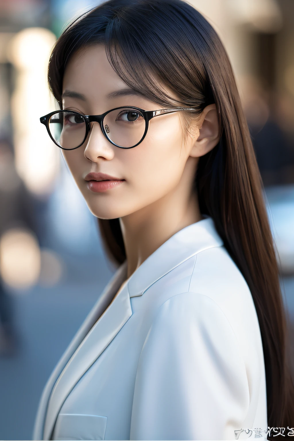 Wearing a suit Japan woman in her early 30s Female boss of the company Officelady Working Woman A dark-haired Long Beautie Beautuful Women Sensible Strong-minded face Rimless glasses shinny skin best qualtiy、masterpiece、(Photorealsitic:1.4) (perfectly proportions)(photos realistic)(Best Quality) photographed in a Canon EOS R5, 50mm Lens, F/2.8, nffsw, (8K) (foco nítido) clothed、(Photo Real:1.4)、(hyper realisitic:1.4)、(realisitic:1.3)、 (Smoother lighting:1.05)、(Improved lighting quality in movies:0.9)、32K、 girl with、Realistic lighting、back lighting、Facial light、raytrace、(Brightening light:1.2)、(Increase quality:1.4)、 (Top quality real texture skins)、finely eye、finerly detailed face、glowy skin anatomically correct body form Office district during lunch break Sunnyday