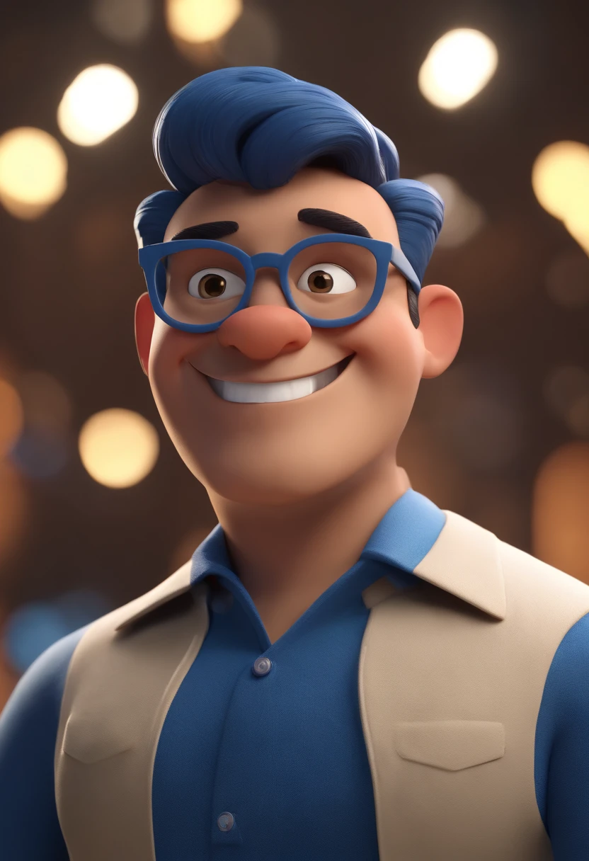 Cartoon character of a man wearing black glasses and a blue shirt, um personagem animado, Caractere estilizado, animation style rendering, 3D estilizado, Arnold Maya render, 3 d render stylized, toon render keyshot, Personagem 3D, Personagem 3D, 3d rendering stylized, 3 d character render, personagem de desenho animado, Personagem de close up, Pose de personagem, (Estilo Pixar) (master part:1.2) (Bokeh) (best quality) (pele detalhada) (textura detalhada) (8k) (argila) (Cinematic lighting) (foco nítido,Senta e vaza a parte superior do corpo