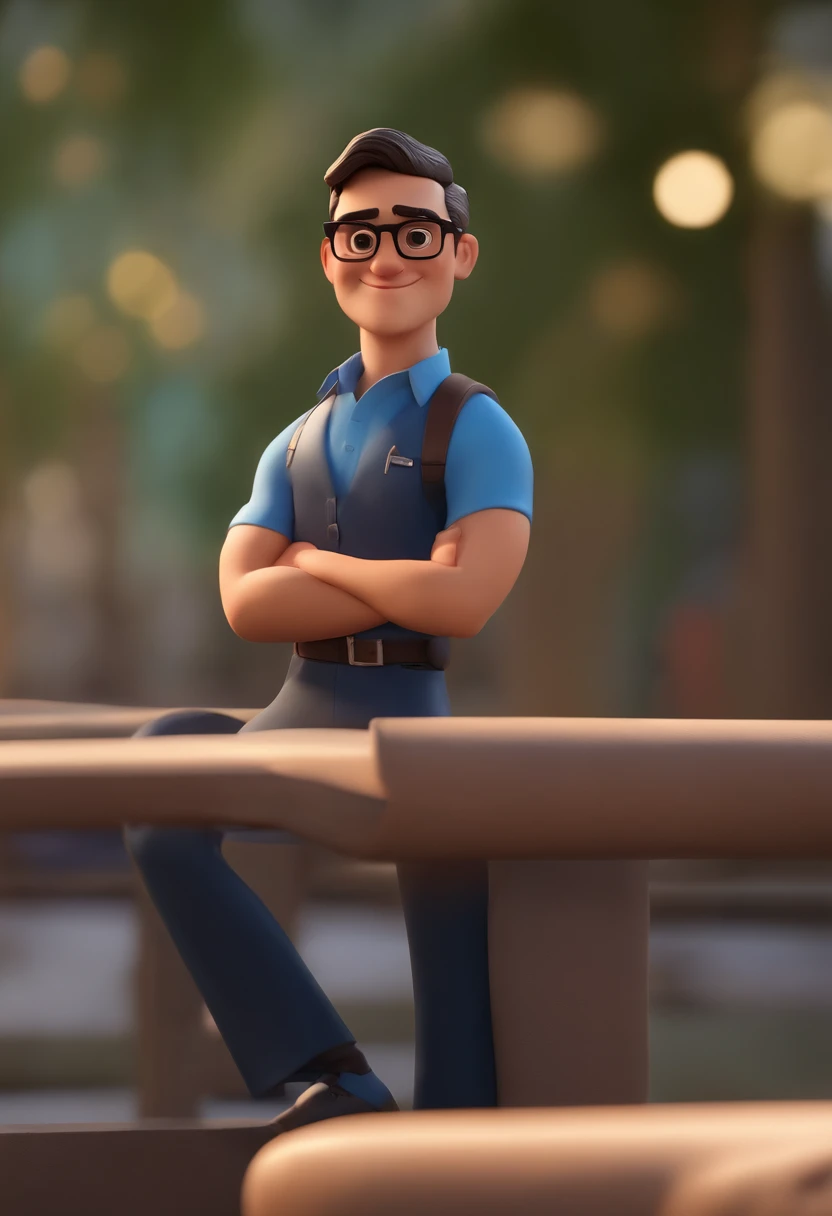 Cartoon character of a man wearing black glasses and a blue shirt, um personagem animado, Caractere estilizado, animation style rendering, 3D estilizado, Arnold Maya render, 3 d render stylized, toon render keyshot, Personagem 3D, Personagem 3D, 3d rendering stylized, 3 d character render, personagem de desenho animado, Personagem de close up, Pose de personagem, (Estilo Pixar) (master part:1.2) (Bokeh) (best quality) (pele detalhada) (textura detalhada) (8k) (argila) (Cinematic lighting) (foco nítido，Senta e vaza a parte superior do corpo