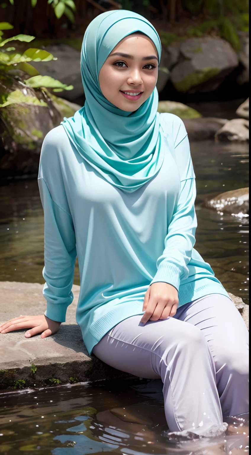 RAW, Best quality, high resolution, masterpiece: 1.3), beautiful Malay woman in hijab (iu:0.8), perfect nose, perfect lips, perfect eyes, detail :1.2), full body image detail, watery eyes, RAW, Best quality, high resolution, masterpiece: 1.3), big breasts, thick thighs, round butt, perfect nose, perfect lips, perfect eyes, details :1.2), gentle smile, full body, woman in blue top and tight leggings standing in front of the park, blue sea, blue clothing, wearing a blouse, blue tunic, dark blue traditional clothing, blue traditional clothing, casual clothing style, wearing blue clothing, blue clothing, modern casual clothing, loose blouse, dark blue, dark blue clothing, wearing casual clothing elegant, dark blue color