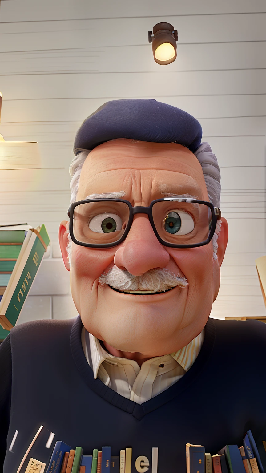A wise old man standing in front, illuminated by the light of a lamp, against the backdrop of a library