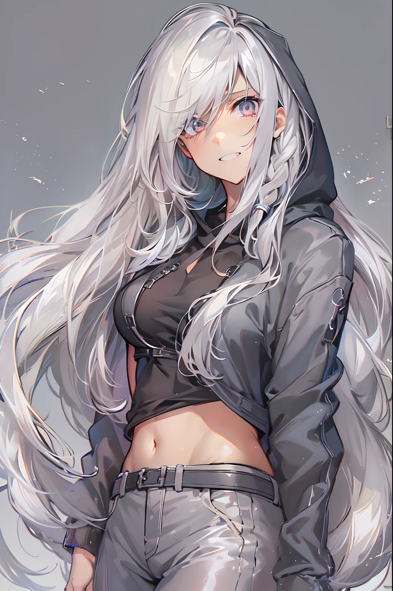 1girl, {solo}, upper body ,{{ {looking at viewer}}},  arm at side, concept art, white background, simple background, white hair, silver gradiient hair , complex  cloth, asymmetrical clothes, virtual youtuber, best quality, masterpiece, dynamic angle, guilty gear, guilty gear, guilty gear, cowboy_shot, looking_back, grabbing, girl,woman,female, young,20 years old, very long hair, flipped hair, silver hair, flowing hair, ahoge, smirk, beautiful and delicate golden eyes, teeth, medium_breasts, blonde eyes, white skin, coat, hoodie, black_shorts, grey Clothes, transparent_background, backlighting, absurdres, highres, ultra detailed,