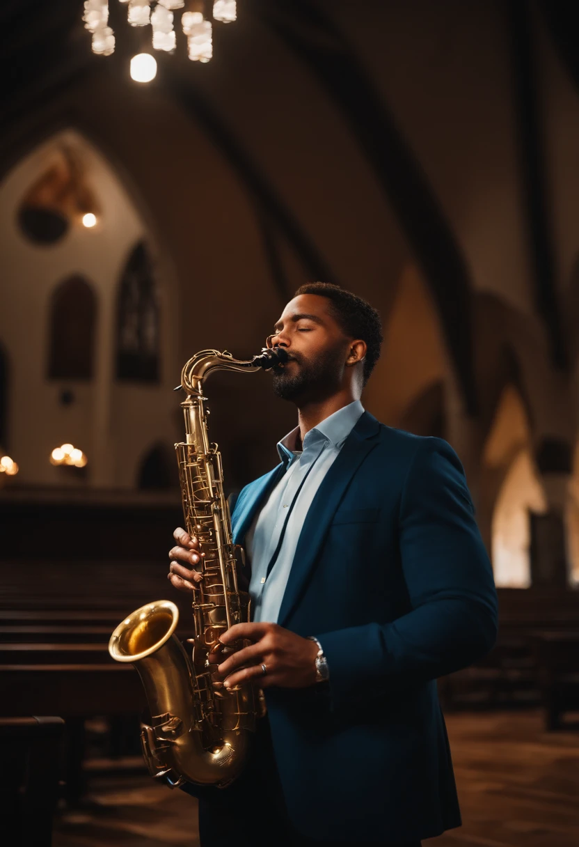 Homem,40 anos , pardo ,cabelo baixo estilo social , olhos pretos,blazer slin azul claro, na igreja , playing alto saxophone with head up