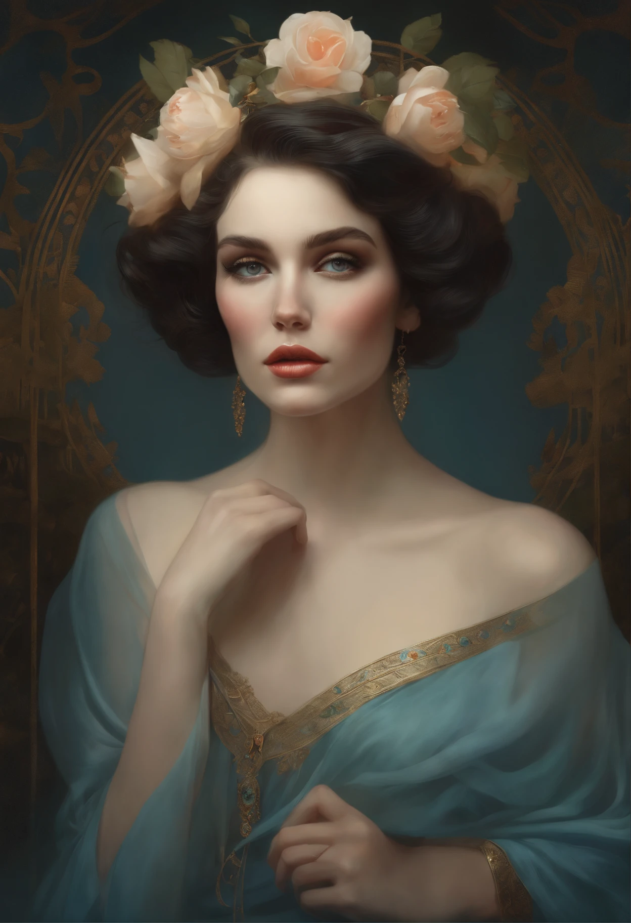 Close up retrato da mulher no vestido azul e coroa da flor, Mucha Klimt e tom bagshaw, tom bagshaw Art Style, tom bagshaw Style, Portrait of tom bagshaw, tom bagshaw, tom bagshaw, Beeple e Jeremias Ketner, Beeple e Alphonse Mucha, tom bagshaw ) ) ),fantasia