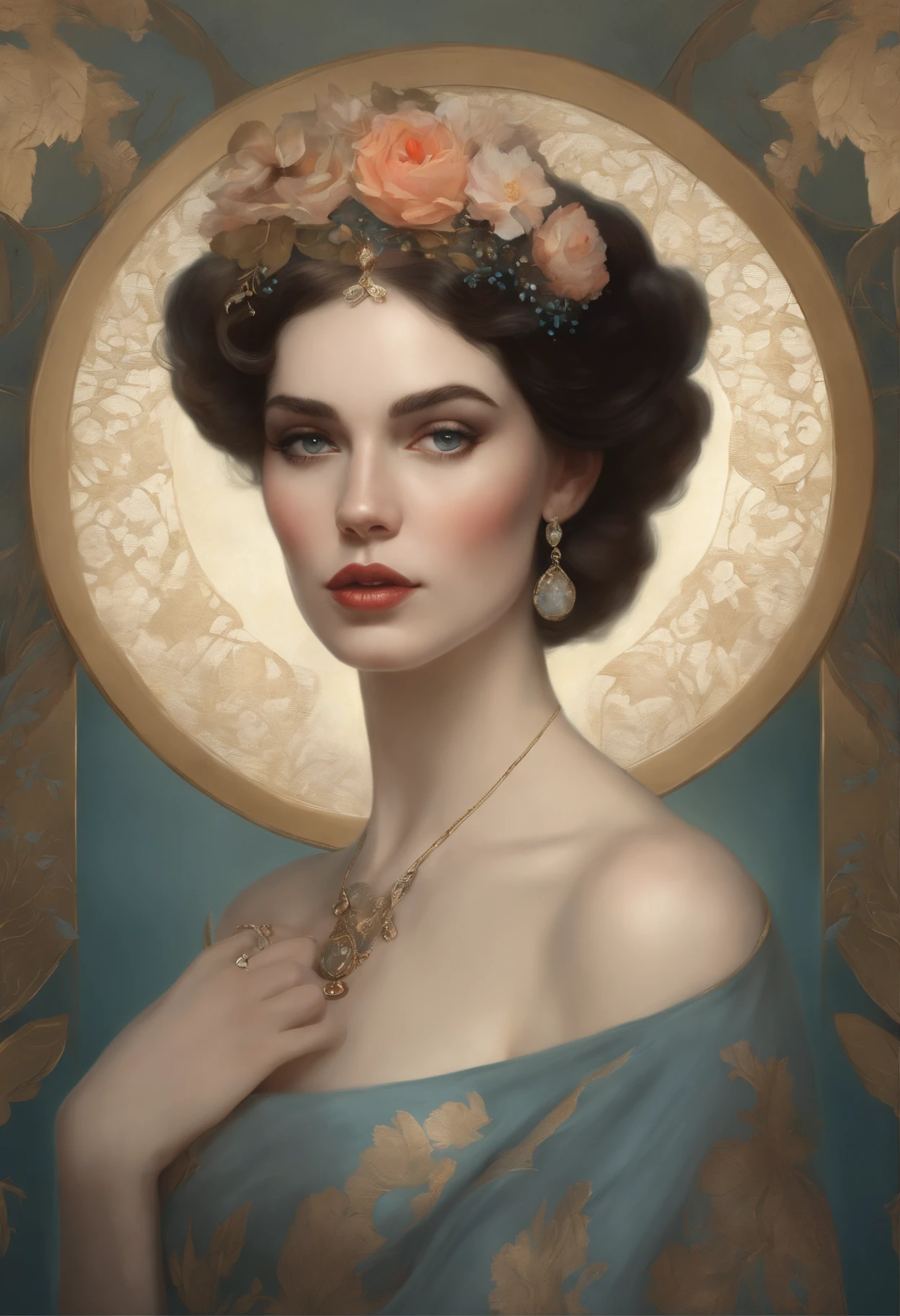 Close up retrato da mulher no vestido azul e coroa da flor, Mucha Klimt e tom bagshaw, tom bagshaw Art Style, tom bagshaw Style, Portrait of tom bagshaw, tom bagshaw, tom bagshaw, Beeple e Jeremias Ketner, Beeple e Alphonse Mucha, tom bagshaw ) ) ),fantasia
