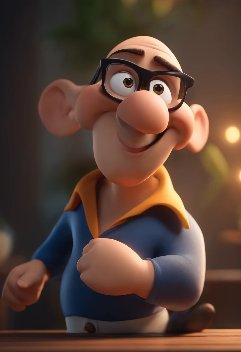 Cartoon character of a bald fat man 30 years old with glasses and a blue shirt, animation character, Caractere estilizado, animation style rendering, 3D estilizado, Arnold Maya render, 3 d render stylized, toon render keyshot, Personagem 3D, Personagem 3D, 3d rendering stylized, 3 d character render, personagem de desenho animado, Personagem de close up, Pose de personagem, (Estilo Pixar) (master part:1.2) (Bokeh) (best quality) (pele detalhada) (textura detalhada) (8k) (argila) (Cinematic lighting) (foco nítido