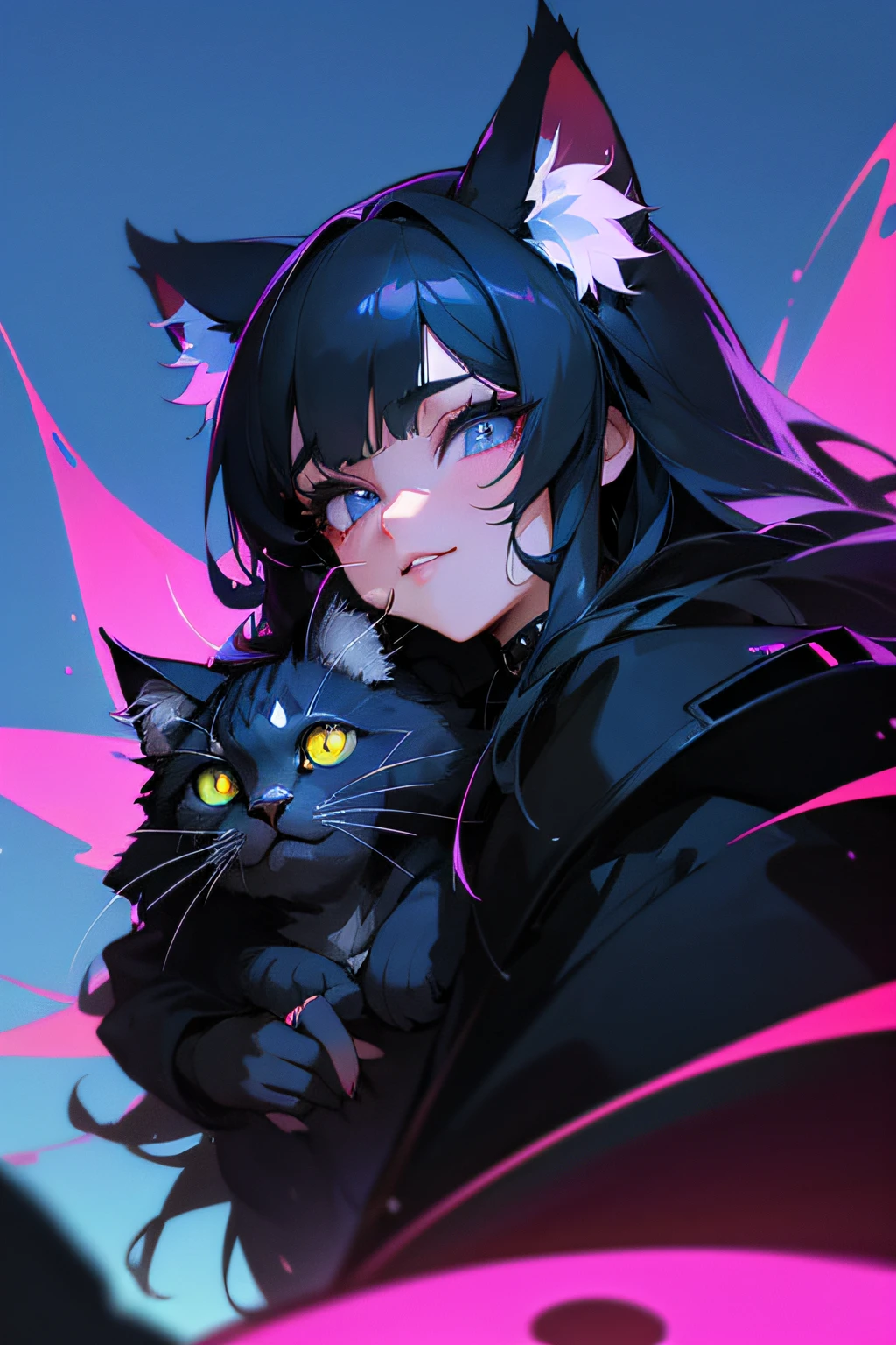 (hight resolution,Masterpiece:1.2),Vivid colors,beautiful detail eyes,beautiful detailed lips,long eyelashes,black coat,fluffy fur,cute expression,Feline Grace,Let's move on to the camera,on a blue background, neon, night, cyberpunk