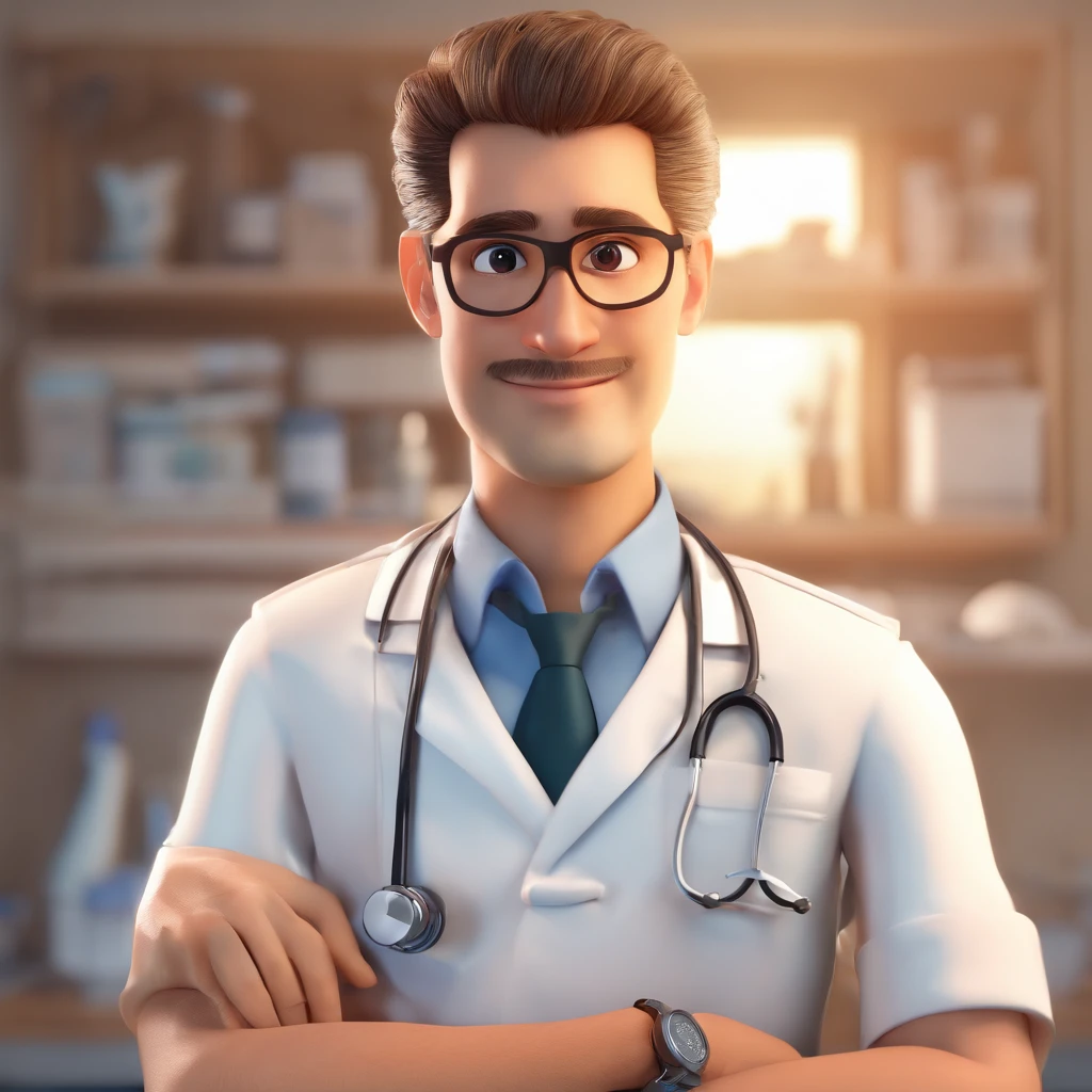 Make a Pixar Style Realistic Poster of 3D Animation. O personagem sem barba, olhos azuis, cabelos loiros penteados para o lado esquerdo, magro, wearing a white doctor's coat, watch on left wrist, Has an Arabian face, 8k, coloque um hospital de fundo, Put on a stethoscope
