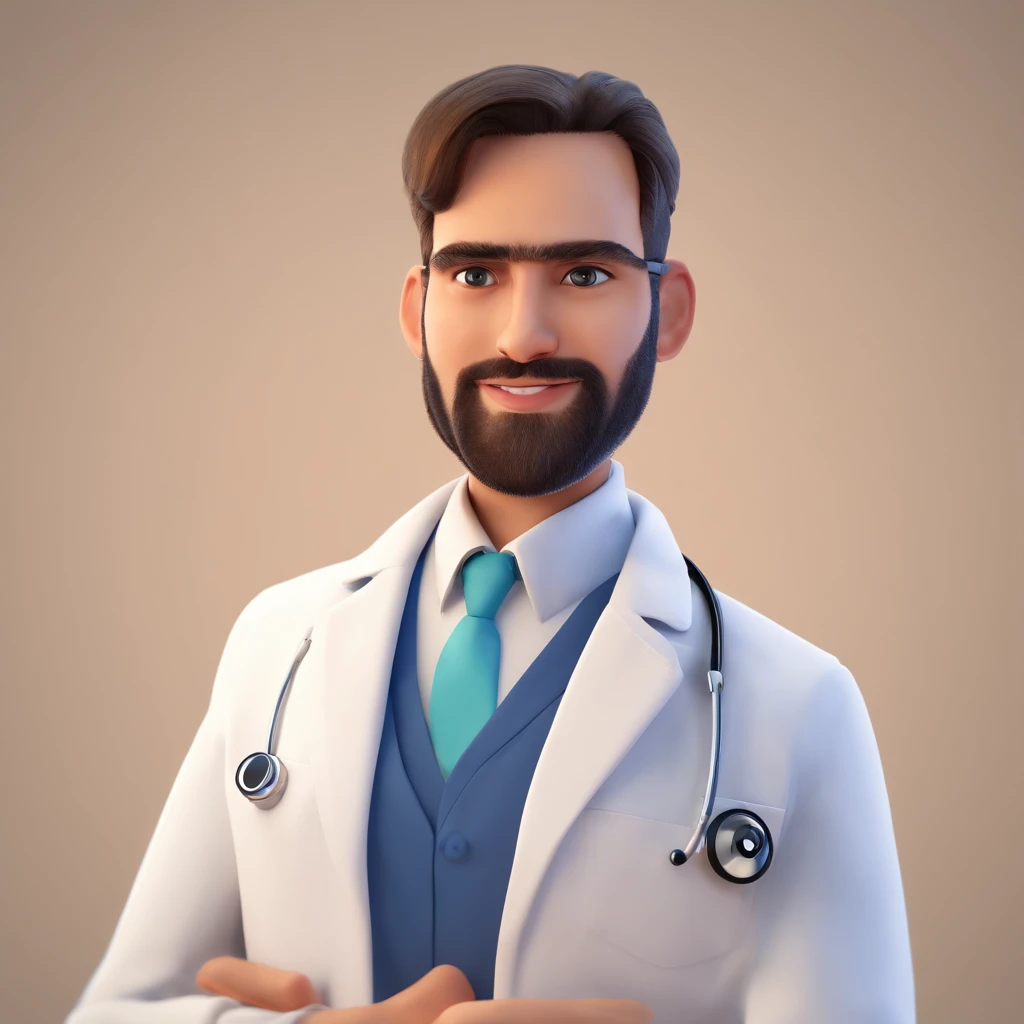 Make a Pixar Style Realistic Poster of 3D Animation. O personagem sem barba, olhos azuis, cabelos loiros penteados para o lado esquerdo, magro, wearing a white doctor's coat, watch on left wrist, Has an Arabian face, 8k, coloque um hospital de fundo, Put on a stethoscope