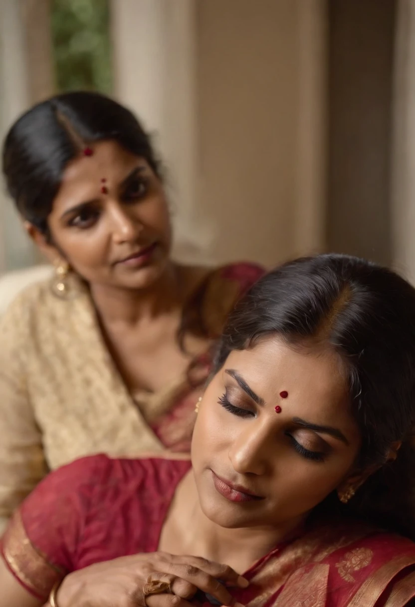 Close up shot, A radiant South Indian 2, chiffon white colour chiffon saree wearing plus sized girl ,with her curvaceous figure , hugging and kissing on the lips of a jubilant 60 year old  joyous embrace in a bedroom, captured in a full body image with vibrant colors and intricate details. Full body image
