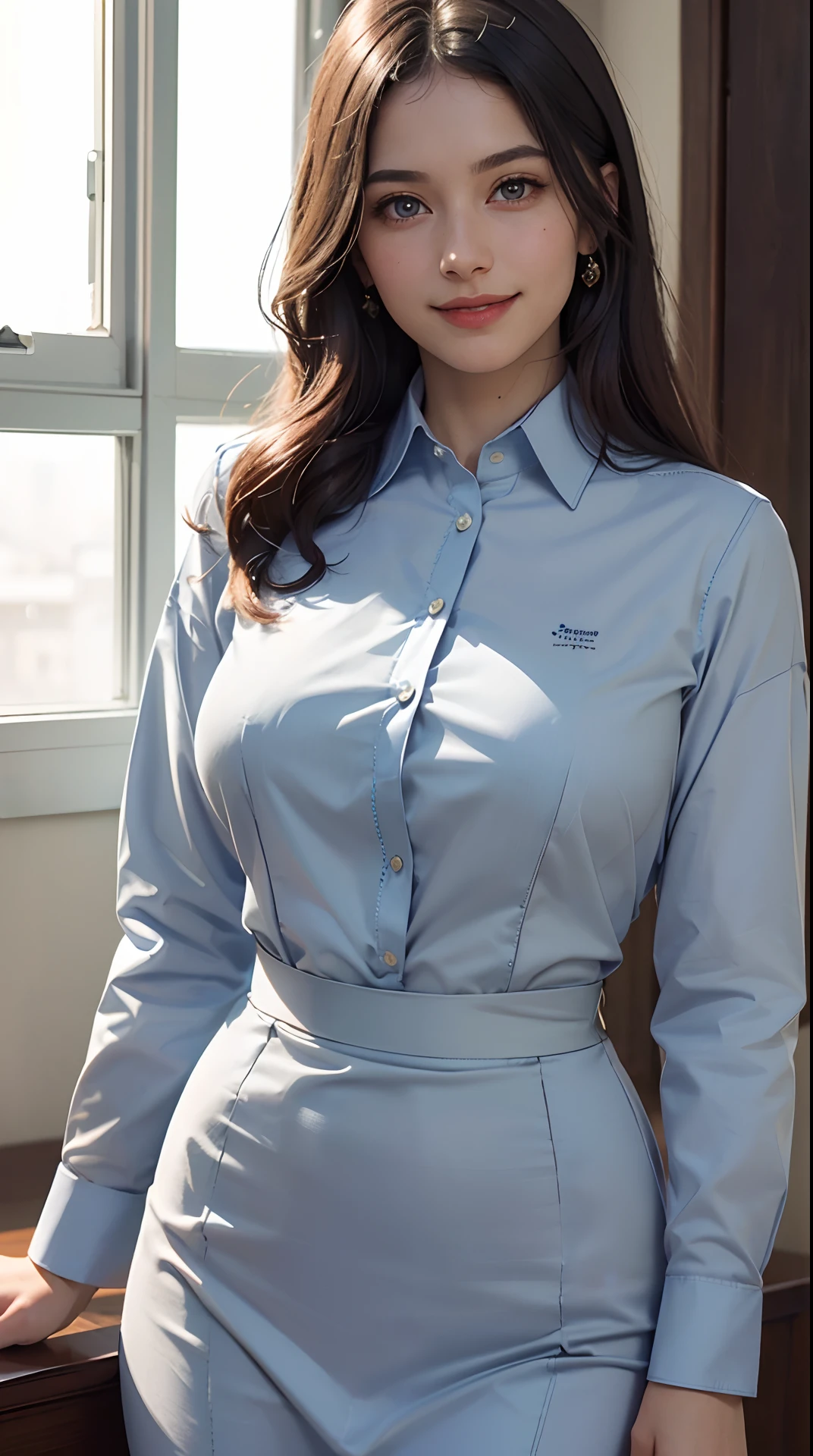 (best quality, 4k, 8k, high-res, masterpiece:1.2), ultra-detailed, (realistic, photorealistic, photo-realistic:1.37), (beautiful detailed eyes, beautiful detailed lips, extremely detailed eyes and face), studio lighting, physically-based rendering, vivid colors, (big tits, super big tits, super extra big tits), ((waist)), (business dress suit, business shirt:1.5), (portrait, smile and laugh), (shadow lighting), (window:1.5),