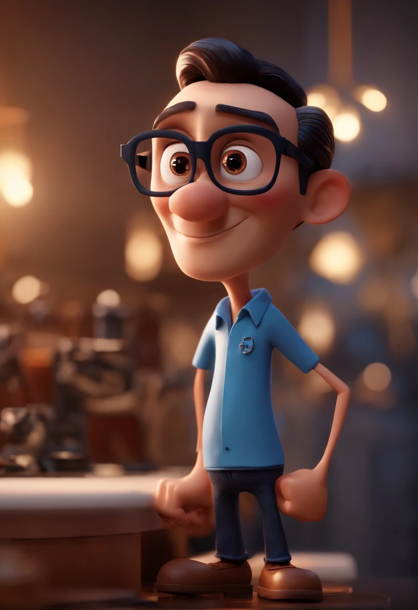 Cartoon character of a man with black glasses and a blue shirt, animation character, Caractere estilizado, animation style rendering, 3D estilizado, Arnold Maya render, 3 d render stylized, toon render keyshot, Personagem 3D, Personagem 3D, 3d rendering stylized, 3 d character render, personagem de desenho animado, Personagem de close up, Pose de personagem, (Estilo Pixar) (master part:1.2) (Bokeh) (best quality) (pele detalhada) (textura detalhada) (8k) (argila) (Cinematic lighting) (foco nítido