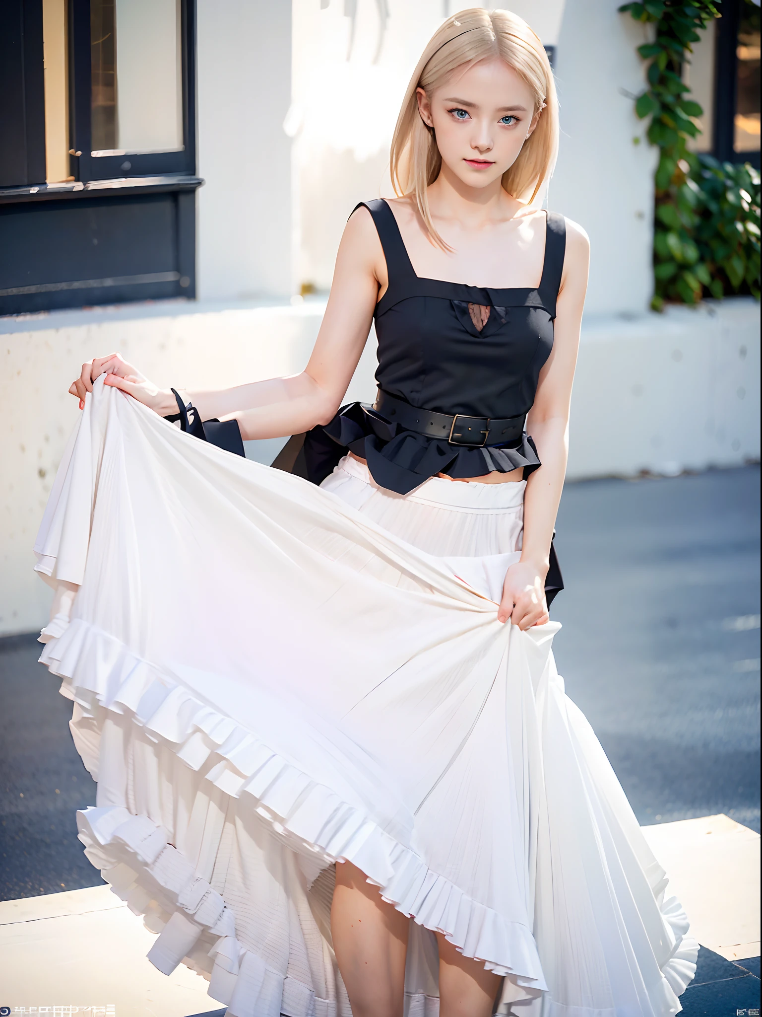 (masterpiece, Best Quality:1.2), 8K, 85 mm, Official art, Raw photo, absorbers, Platinum Blonde Hair, (Blue eyes, Lolita Fashion, sweet Lolita, Gothic, Dress:1.2), Idol face, Upper body, Beautiful Girl, gardenias, Copenhagen, Short sleeve, Elegance, Sophisticated, gardenia, Looking at Viewer, Film grain, chromatic aberration, Sharp Focus, face lights, Dynamic lighting, Cinematic lighting,(( red blush, embarrassed expression, Look down in embarrassment:1.2))、(((tucking up the skirt, White panties are visible)))、