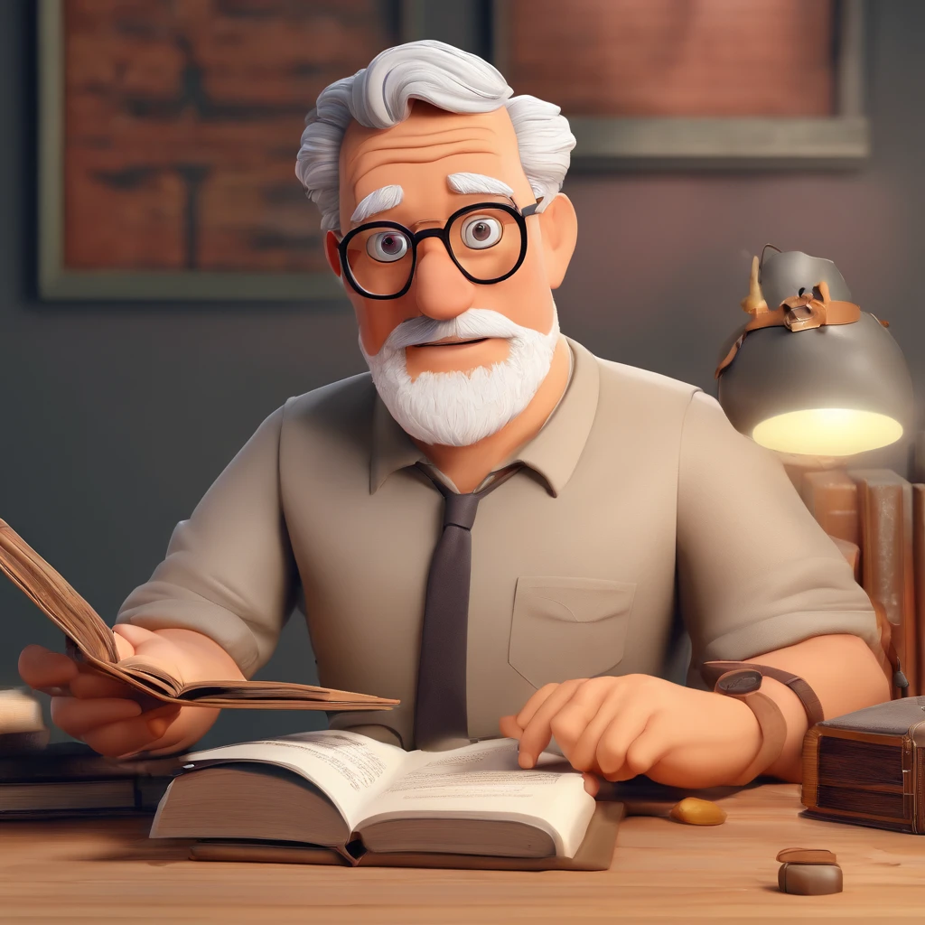 Crie um cartaz inspirado na Disney Pixar com o personagem sendo o pastor Rubens Janier, A gray-haired man wearing glasses, in an office with a Bible on the table, Looking forward and serious