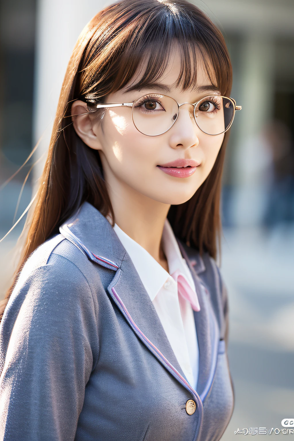 Wearing a bank uniform　Japan woman in her early 30s　Female boss of the company　cardigan　Ribbon at chest　Pink ribbon　A dark-haired　Long　Beautie　Beautuful Women　Sensible　Strong-minded face　Rimless glasses　shinny skin　best qualtiy、​masterpiece、(Photorealsitic:1.4) (perfectly proportions)(photos realistic)(Best Quality) 　photographed in a Canon EOS R5, 50mm Lens, F/2.8, nffsw, (8K) (foco nítido) 　clothed、(Photo Real:1.4)、(hyper realisitic:1.4)、(realisitic:1.3)、 (Smoother lighting:1.05)、(Improved lighting quality in movies:0.9)、32K、 girl with、Realistic lighting、back lighting、Facial light、raytrace、(Brightening light:1.2)、(Increase quality:1.4)、 (Top quality real texture skins)、finely eye、finerly detailed face、glowy skin　anatomically correct body form　Office district during lunch break　Sunnyday