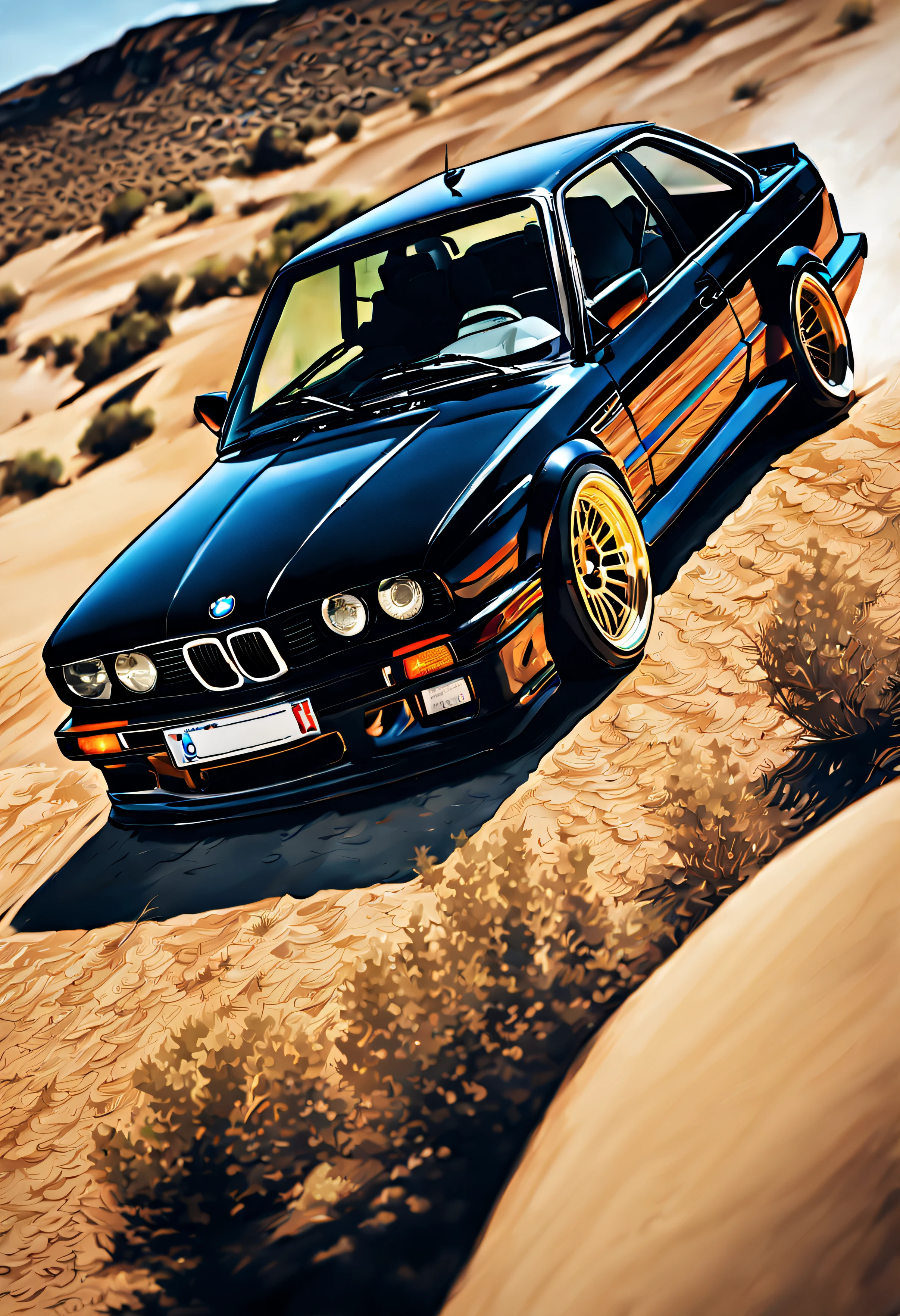 BMW M3 e30 noire, Ride in the desert, avec du soleil, style dessin manga couleur