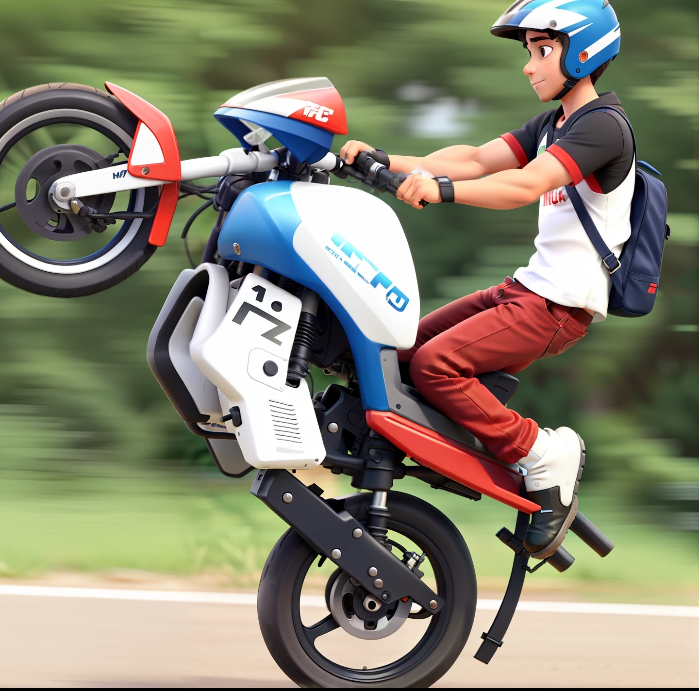 Um menino fazendo manobras de motos, empinando,